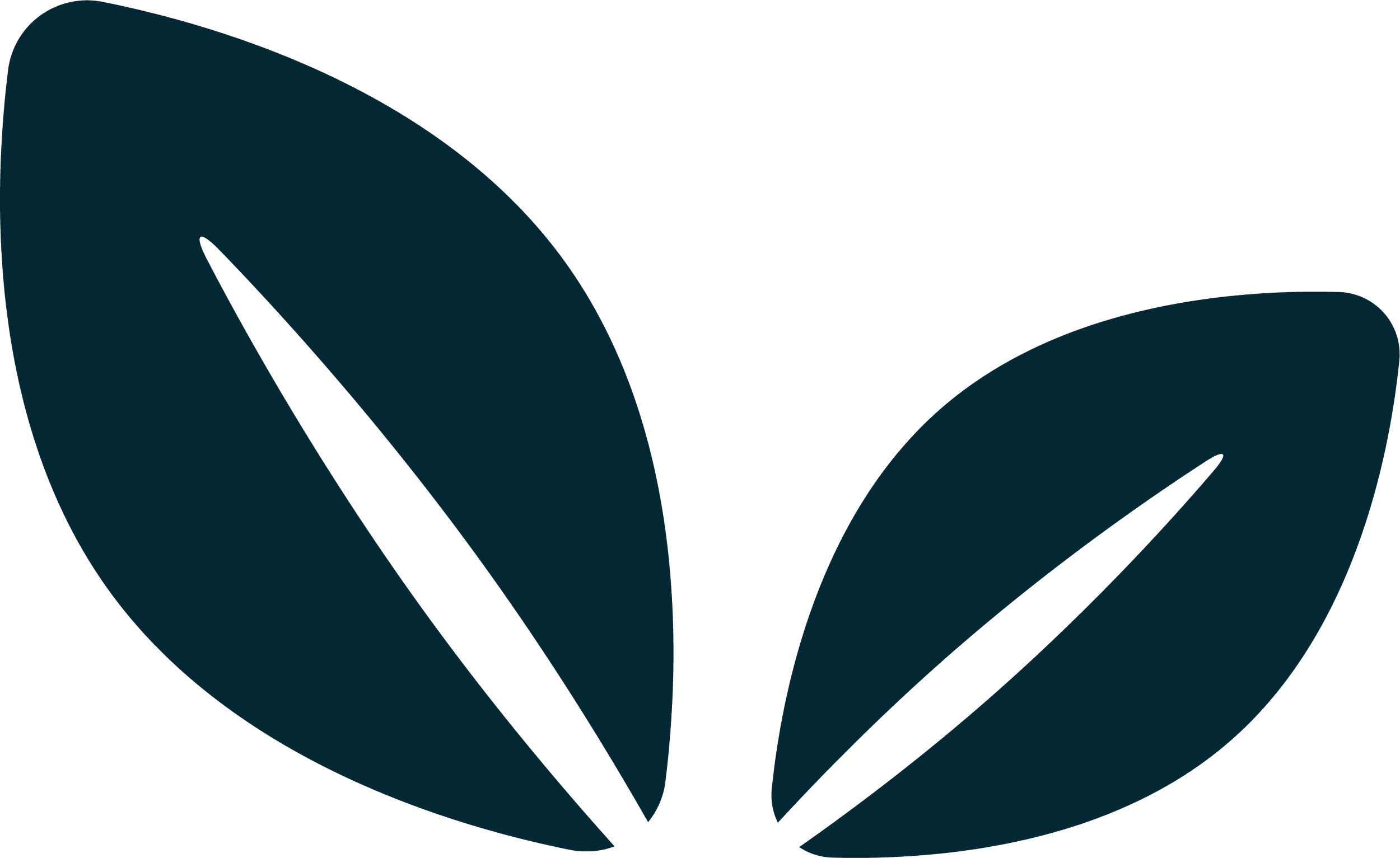 Stylized dark teal leaf logo with two pointed leaves