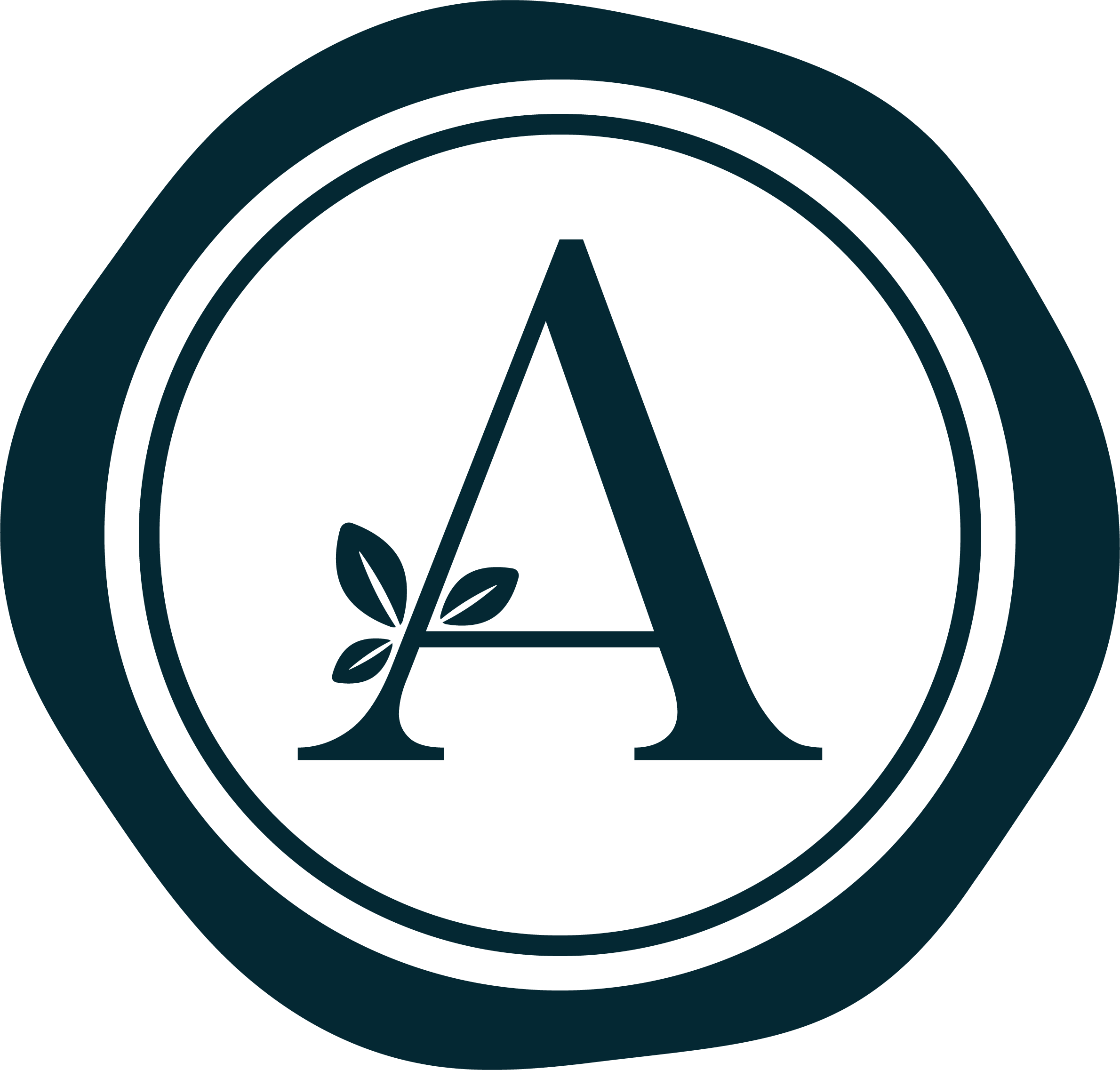 Dark teal circular logo featuring a stylized letter A with leaves