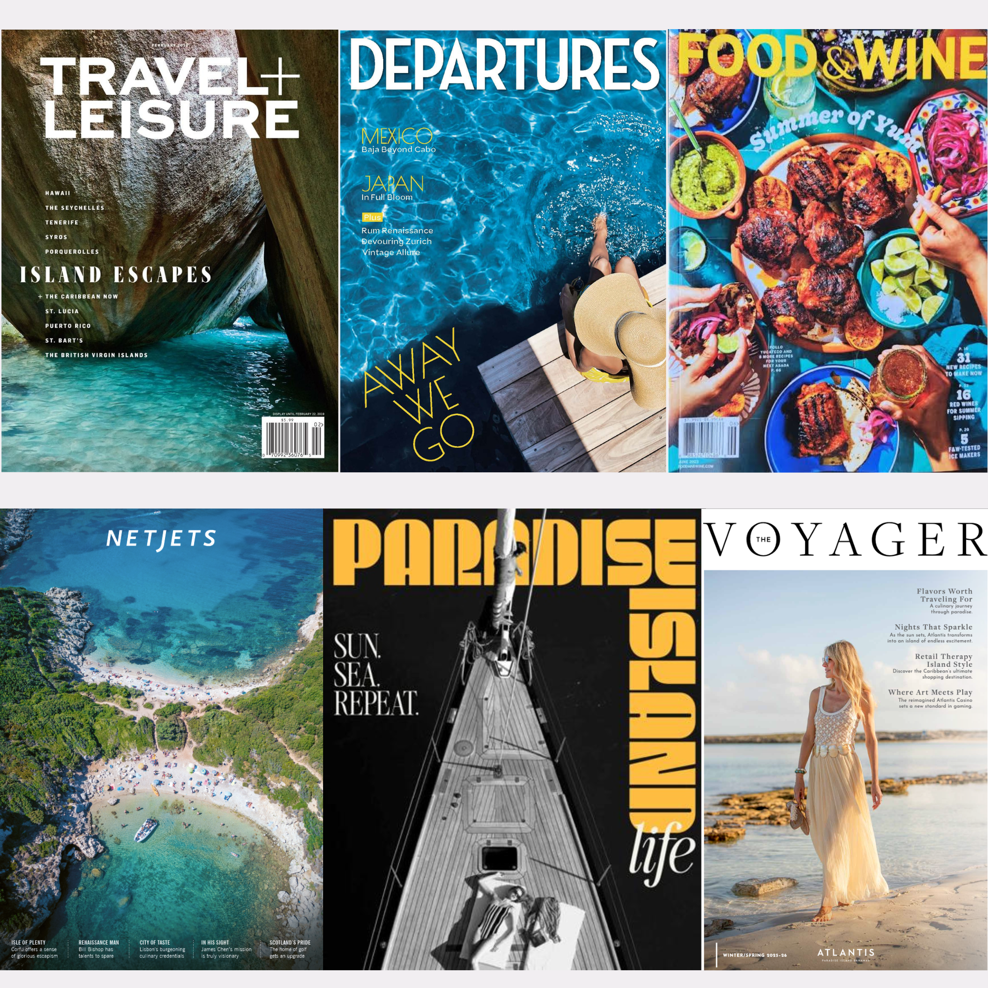 Collage of six travel, leisure, food, and lifestyle magazine covers featuring tropical beaches, a swimming pool, grilled food, a sailboat, and a beach fashion scene