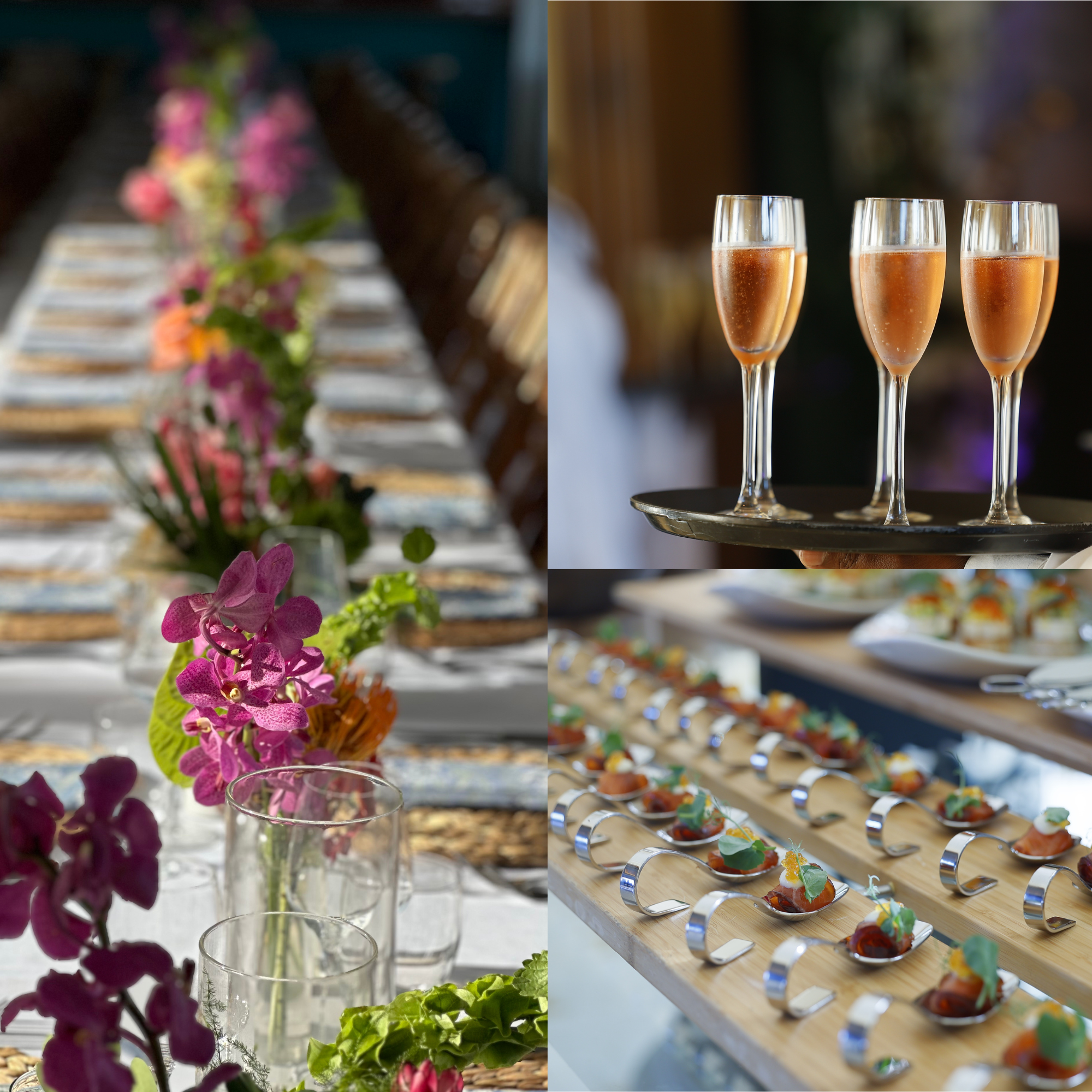Elegant event table setting with colorful floral arrangements, champagne flutes, and plated hors d'oeuvres