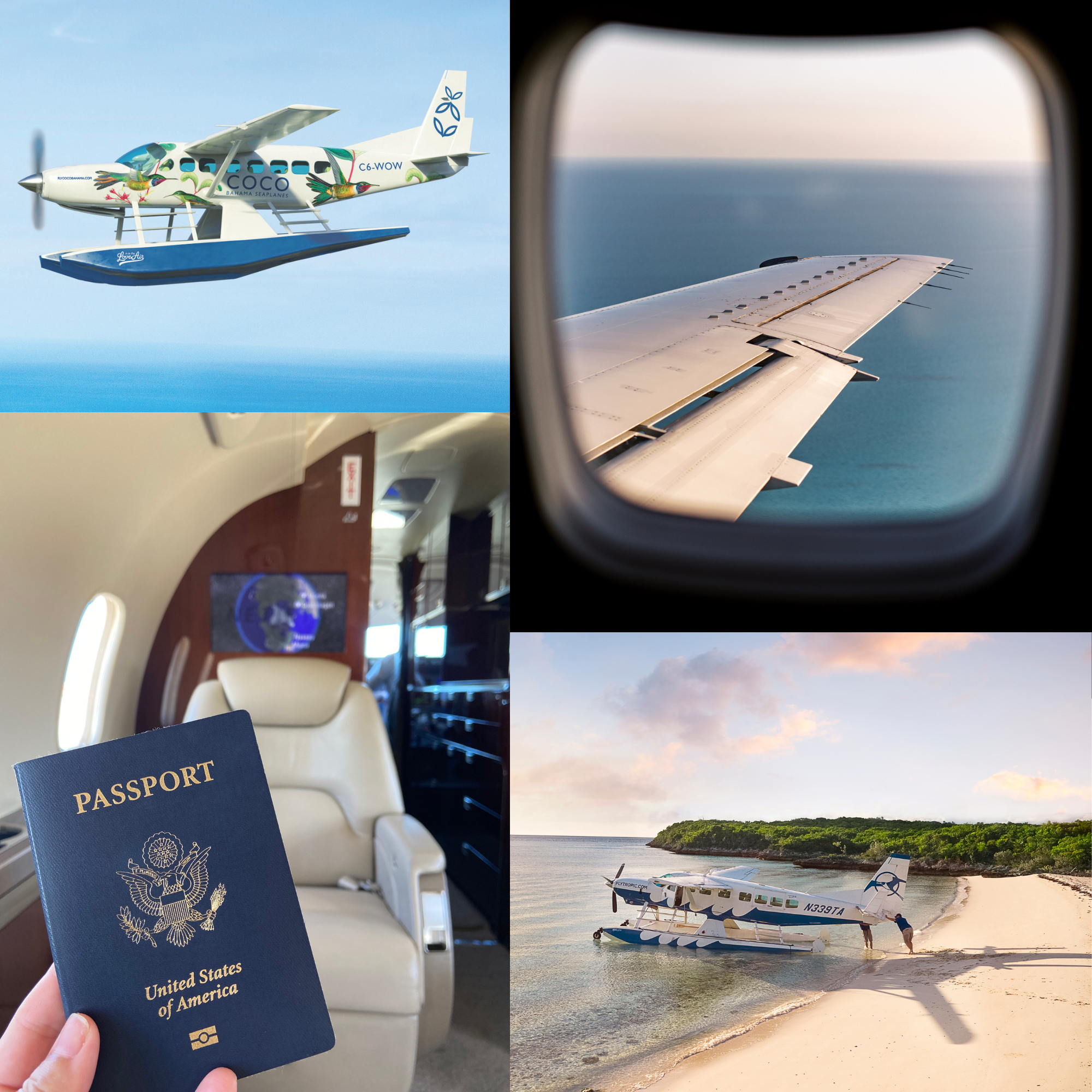 Collage showing a Bahamas seaplane, airplane wing over the ocean, private jet interior with a U.S. passport, and a seaplane on a tropical beach.
