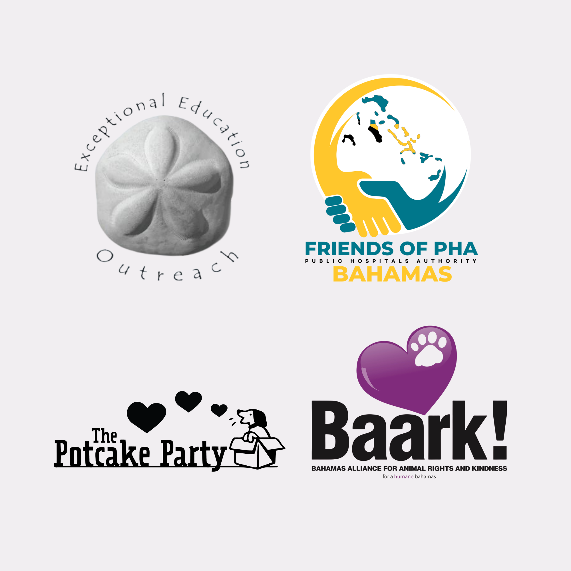 Collage of Bahamas animal welfare logos: Exceptional Education Outreach, Friends of PHA Bahamas, The Potcake Party, and BAARK Bahamas.