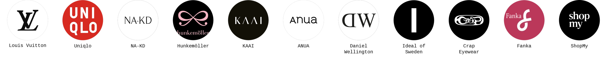 Logos of brands Emily Varr worked with: Louis Vuitton, Uniqlo, NA-KD, Hunkemöller, KAAI, ANUA, Daniel Wellington, Ideal of Sweden, Crap Eyewear, Fanka & ShopMy