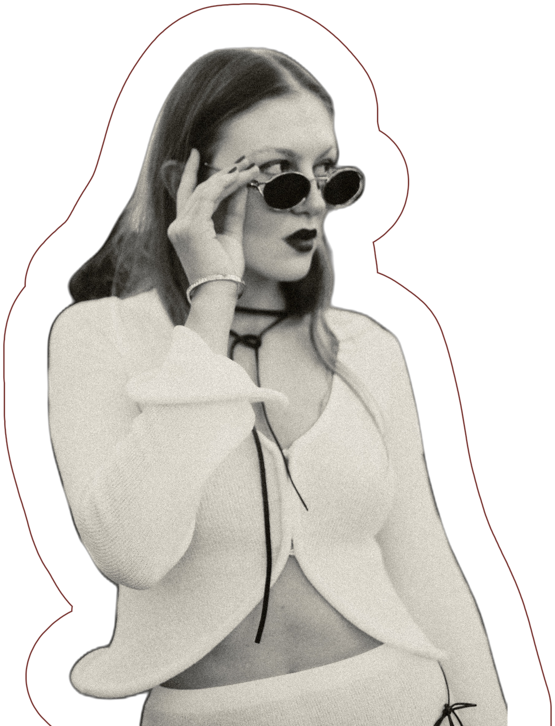 Emily Varr lowering her sunglasses, black & white