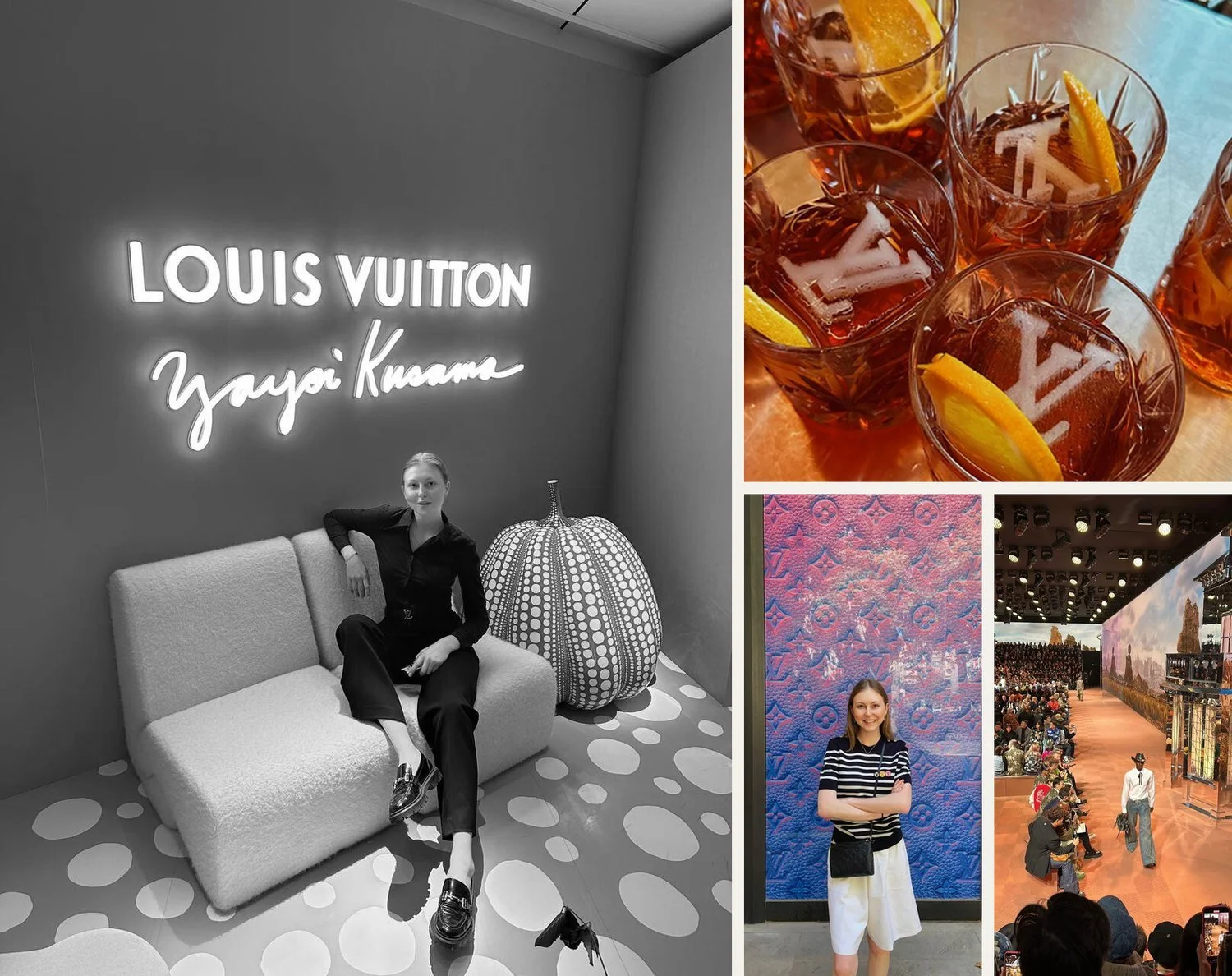 Emily Varr at Louis Vuitton private client events: the Yayoi Kusama VIP cocktail, LV cocktails, the store & a runway show