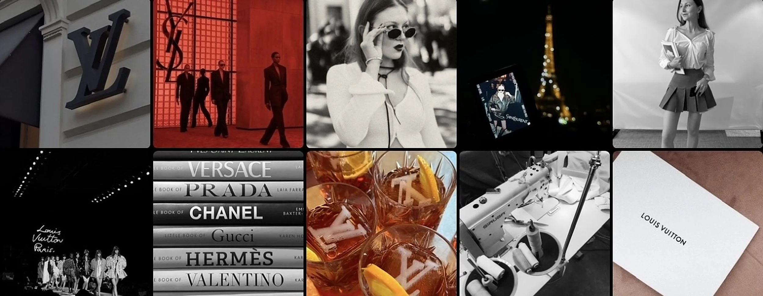 Emily Varr's fashion collage: Louis Vuitton store, runway, cocktails & card, a Saint Laurent show, Paris at night, fashion books & an atelier