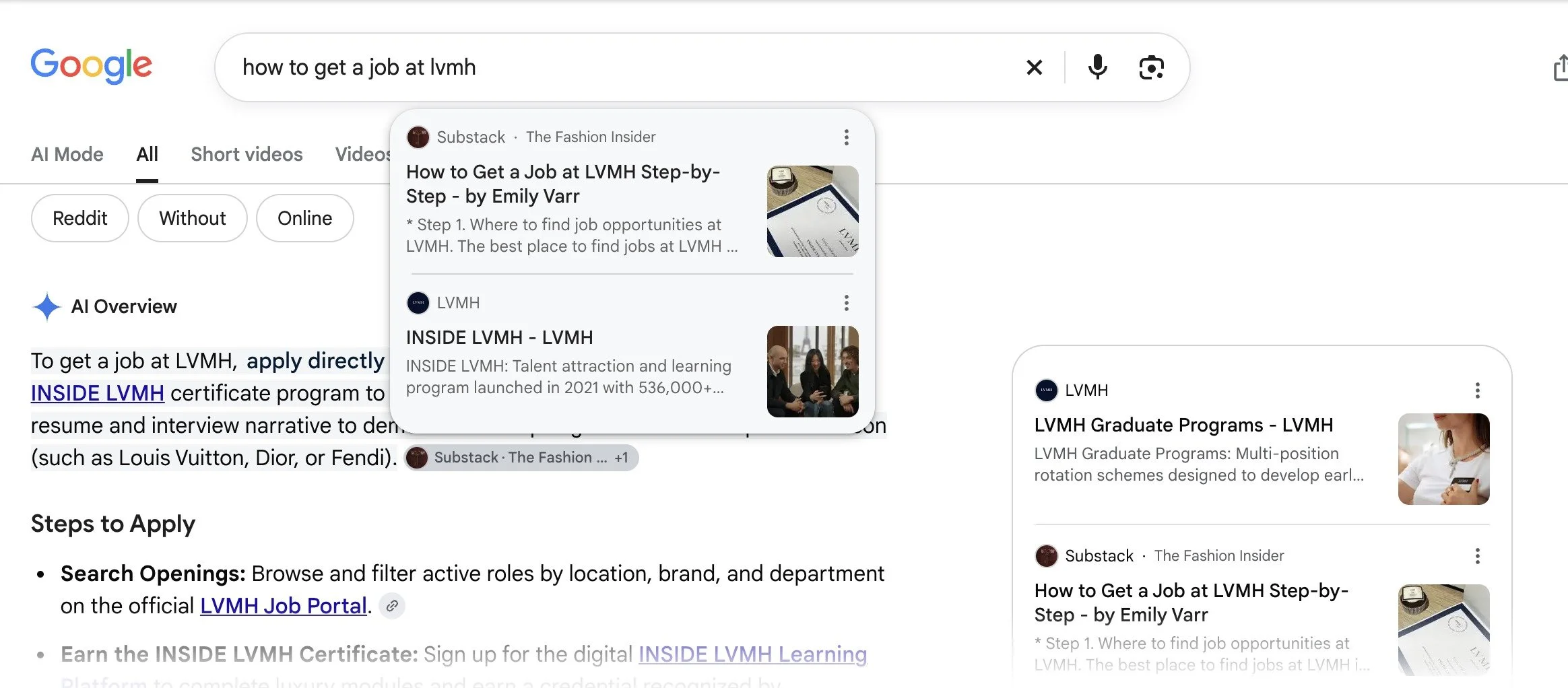 Google search for how to get a job at LVMH showing Emily Varr's Fashion Insider guide first, above LVMH's own pages