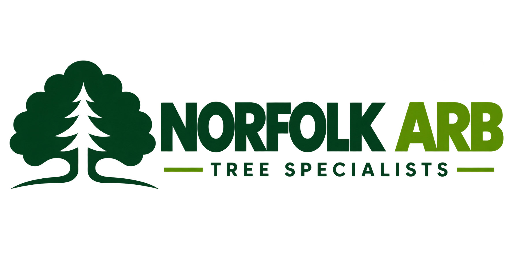 Logo for Norfolk Arb, featuring a stylized green tree with layered leaves to the left and the business name in bold green letters to the right, with the tagline 'Tree Specialists' beneath.