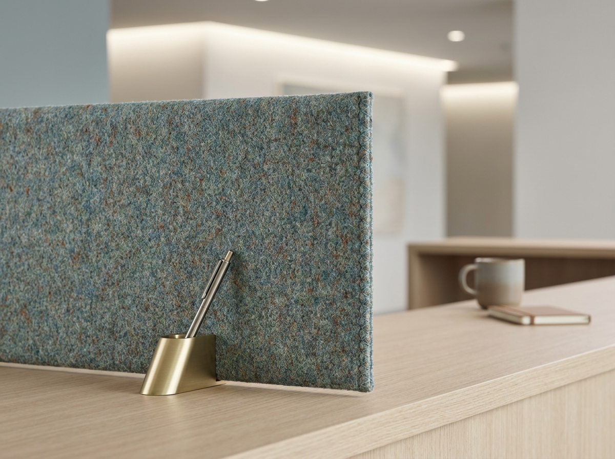 Modern office desk with a blue textured acoustic privacy panel, brass pen holder, coffee mug, and notebook