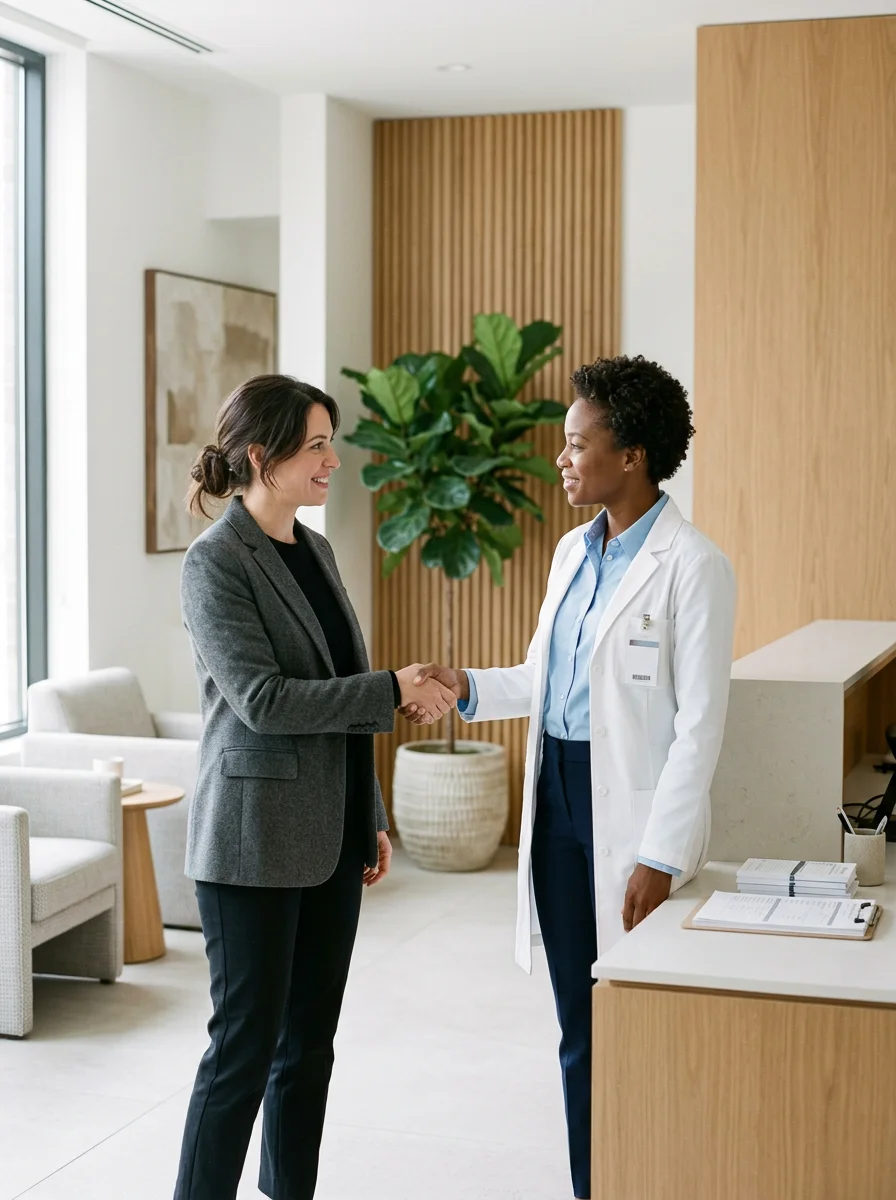 Doctor and businesswoman shaking hands at a modern medical office reception desk