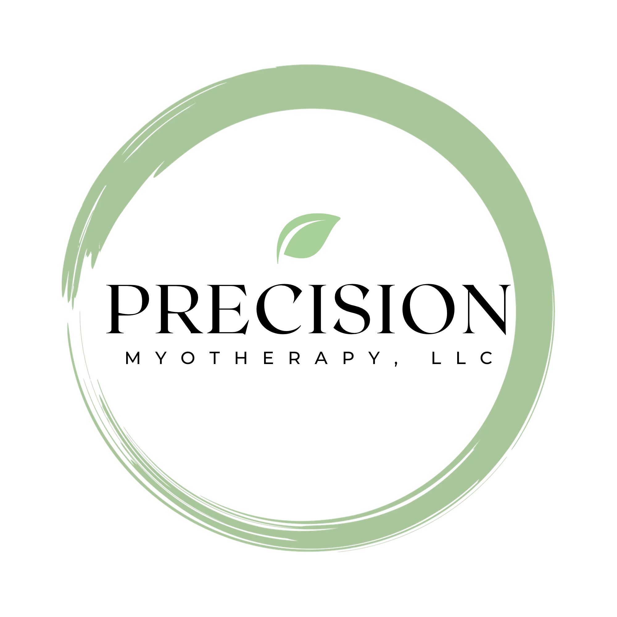 Logo for Precision Myotherapy LLC featuring a green circle with a stylized leaf inside.