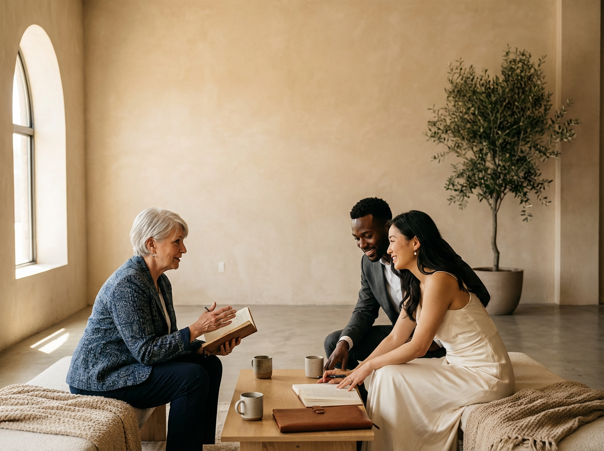 A woman with short gray hair and a blue jacket sitting on a beige sofa, talking to a young couple sitting on another beige sofa. The couple, a man in a dark suit and woman in a white dress, are smiling and looking at her. There is a wooden table with books and mugs in front of them, and a large potted plant in the background.