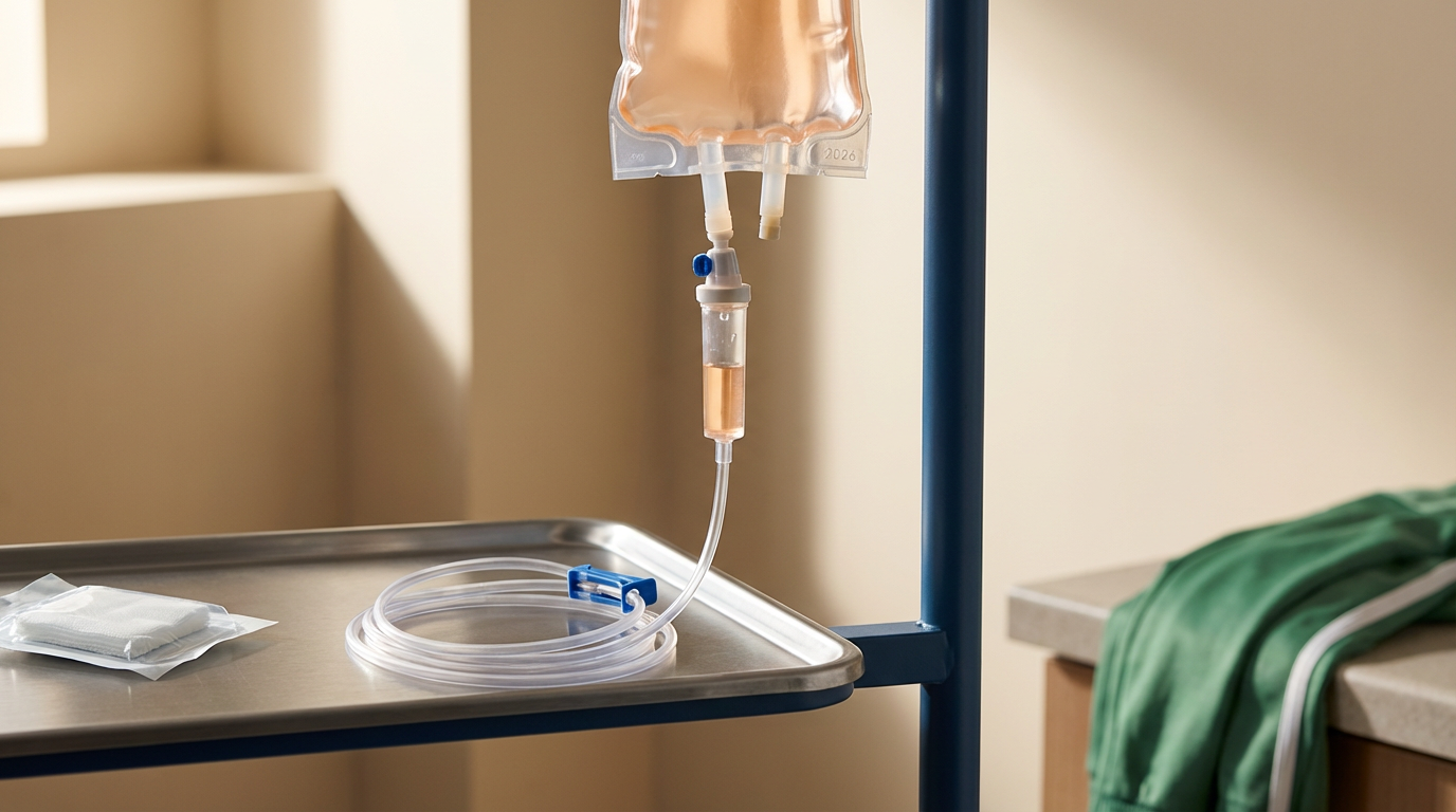 Intravenous (IV) drip bag hanging above a hospital bedside table with medical supplies.