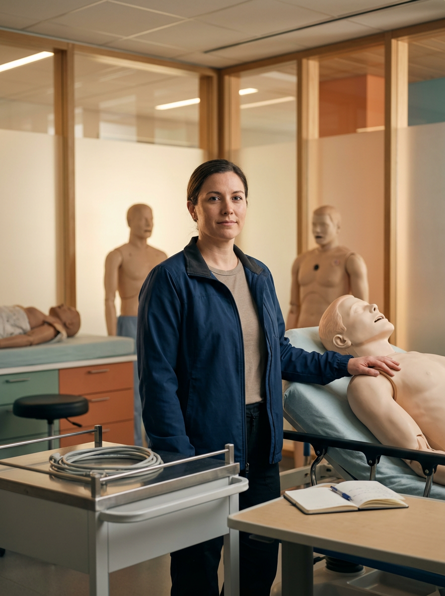 A woman standing in a medical training room with mannequins used for CPR and medical practice, including a mannequin lying on a table and others standing in the background.