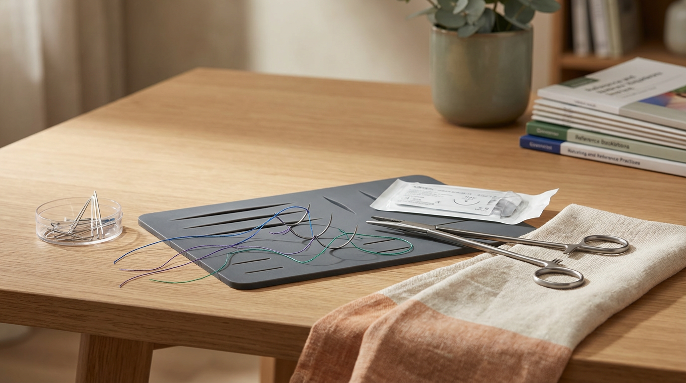 A medical or dental setup on a wooden table. Includes colored sutures, surgical scissors, forceps, dental or surgical needle holder, sterile gloves, a tray with a surgical packet, and a small stack of medical textbooks.
