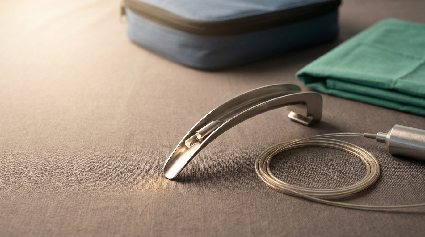 Medical stethoscope, folded green cloth, and medical supplies on a textured gray surface.