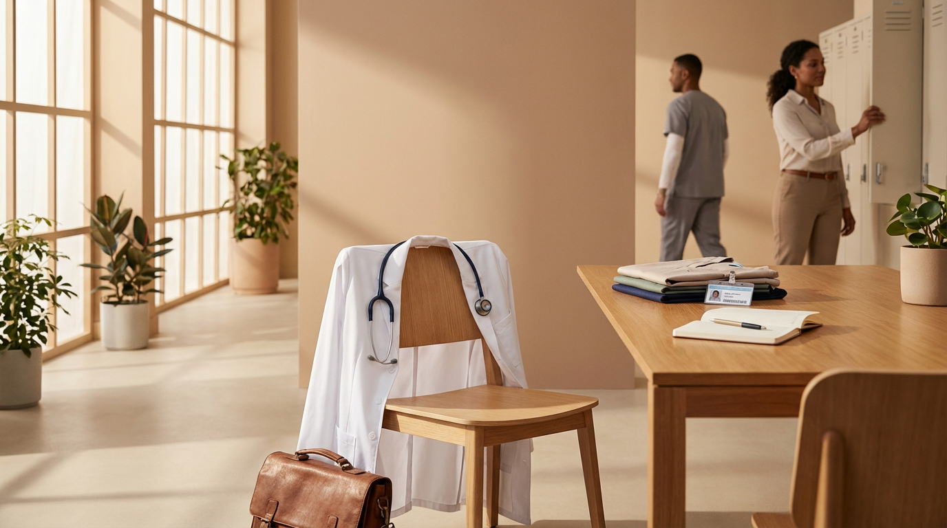 A clean, sunlit medical office with wooden furniture, including a table with folded scrubs, an ID badge, and a notebook. A white lab coat is draped over a wooden chair, with a stethoscope around the collar and a leather bag on the floor. In the background, two medical professionals, one male and one female, are near lockers.