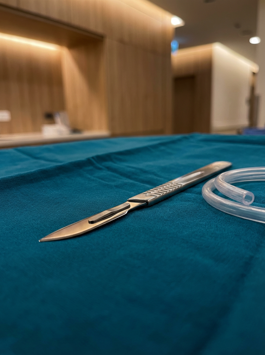 A metal scalpel with a textured handle resting on a teal cloth-covered surface, with clear tubing nearby, in a room with wooden panels and warm lighting.
