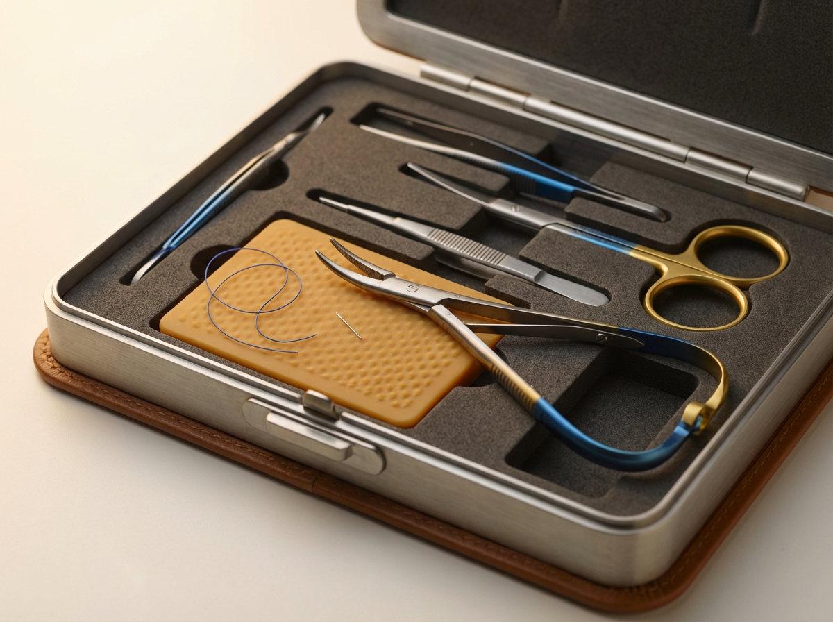 A dental toolkit in a silver case with various dental instruments, a rubber dam, and a dental needle, organized in foam compartments.