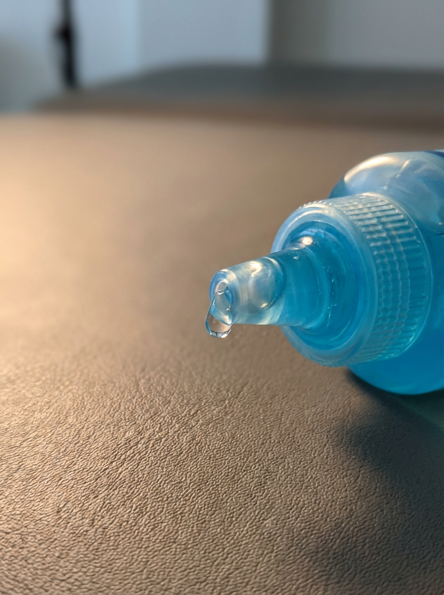 Close-up of a blue nasal spray bottle with a droplet at the tip of the nozzle, lying on a textured beige surface.
