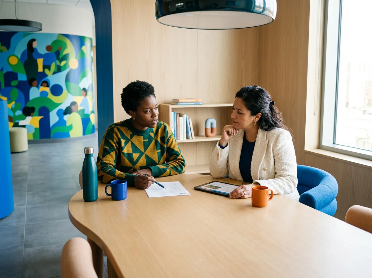 Two women sit at a circular wooden table in a modern office, engaged in a conversation. One woman wears a colorful sweater with geometric patterns, and the other wears a light-colored blazer. They have notebooks, a tablet, and mugs on the table, with a bookshelf and large window in the background.