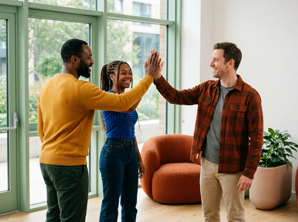 Three young adults, two men and one woman, exchanging high fives in a bright room with large windows, a potted plant, and orange chairs.