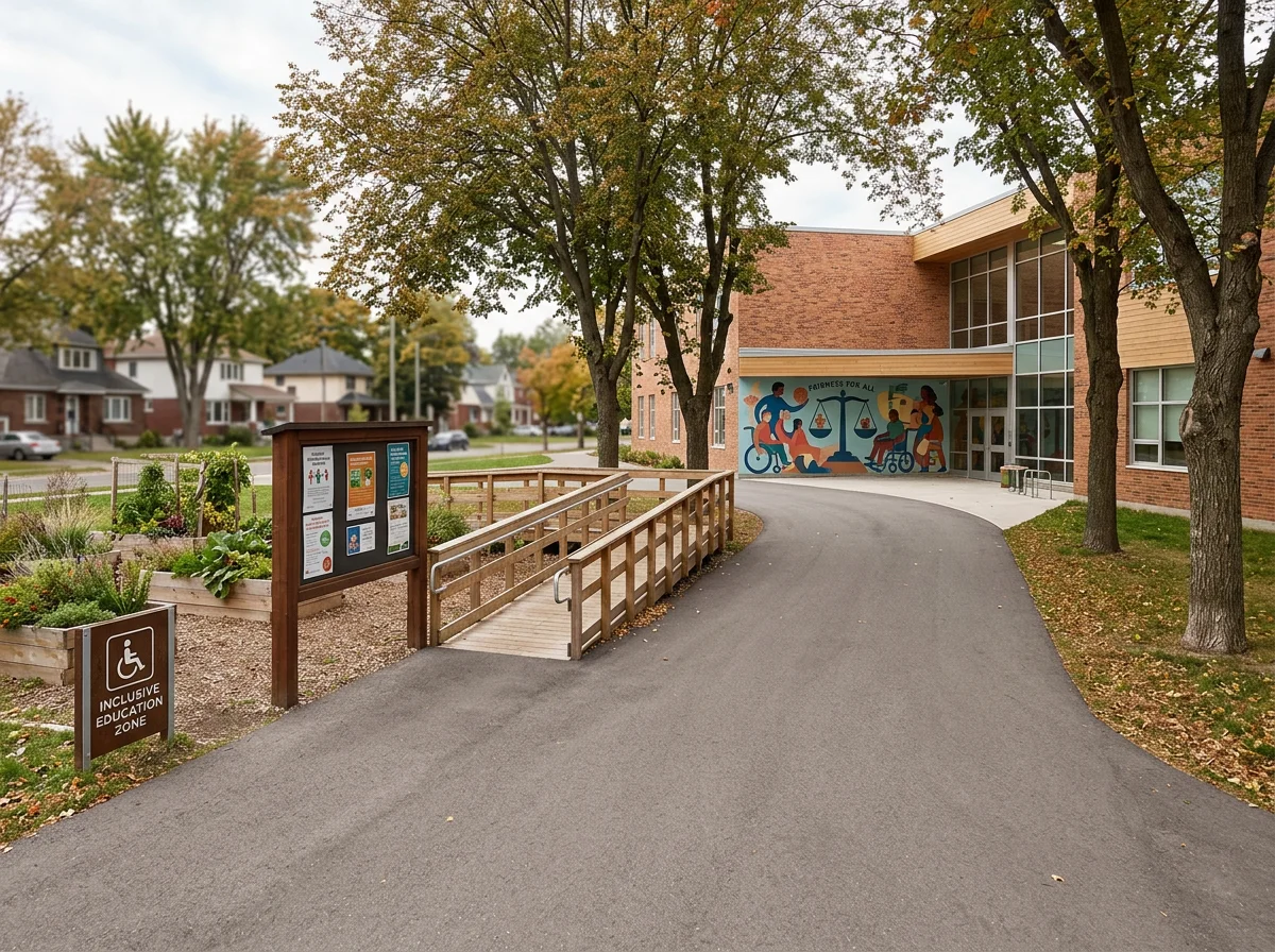 The entrance to a community building with a mural titled 'Fairness for All' depicting people in wheelchairs and others interacting, a garden bed with plants, an accessible ramp, and a pathway surrounded by trees, in a residential neighborhood.