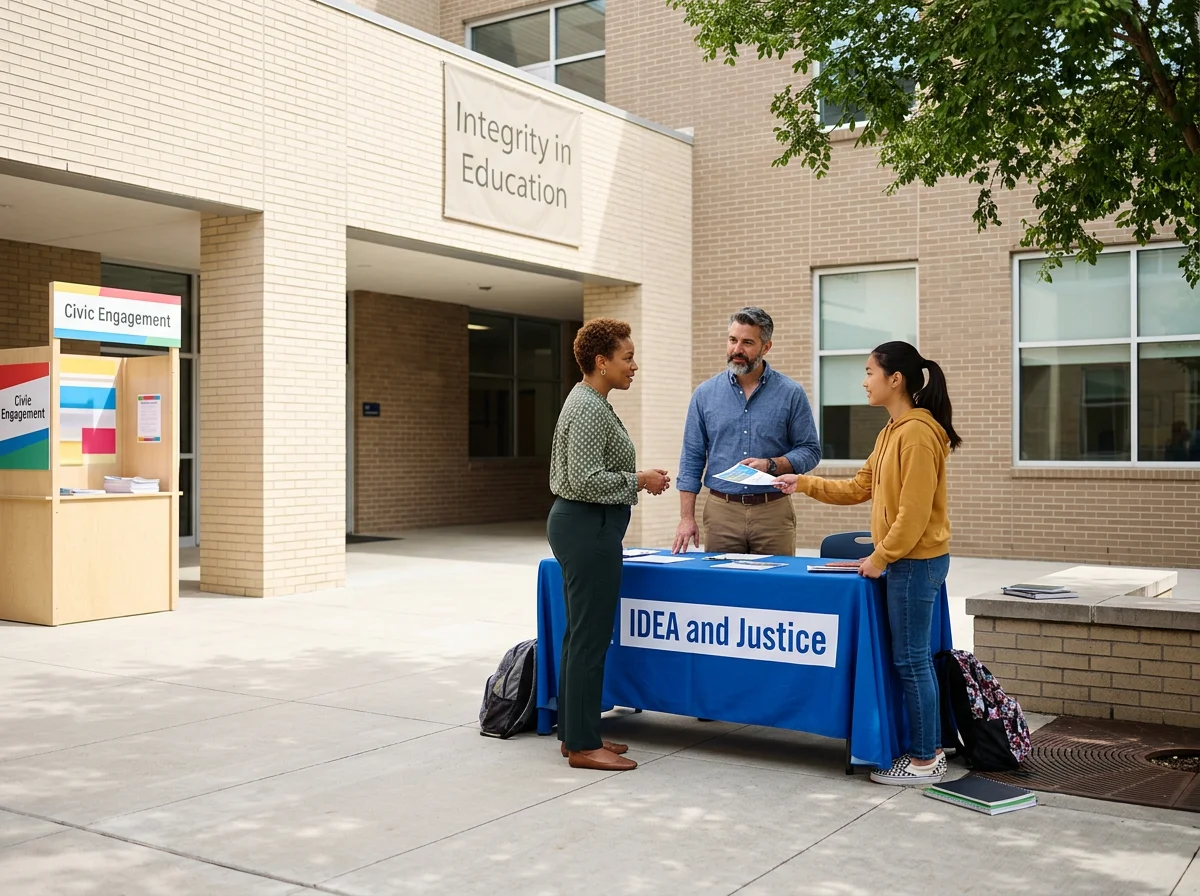 Three people are talking at a table with a blue tablecloth that has 'IDEA and Justice' written on it, outside a school building with signs for 'Civic Engagement' and a banner for 'Integrity in Education'.