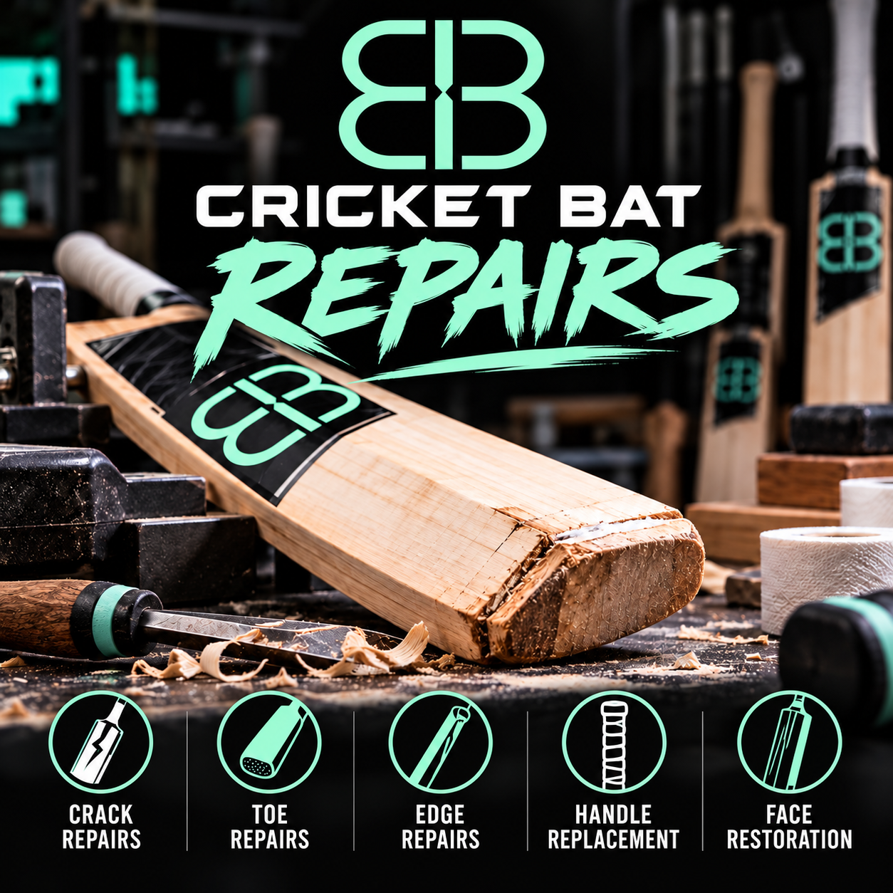 Cricket Bat Repairs workshop graphic featuring a damaged bat, woodworking tools, and services for crack, toe, edge, handle, and face repairs.