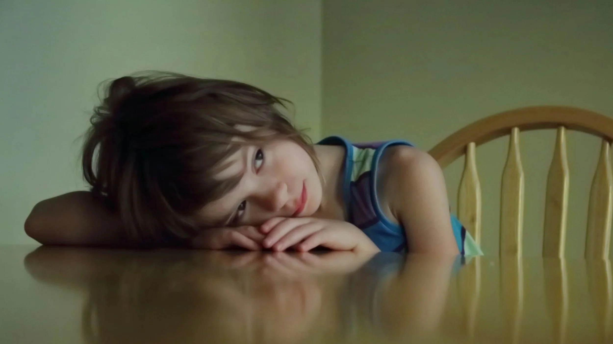 A young child with brown hair and glasses is resting their head on their folded arms on a table, smiling softly. The child is wearing a striped sleeveless shirt and is sitting in front of a yellow wooden chair with vertical spindles. The background features a plain greenish wall.