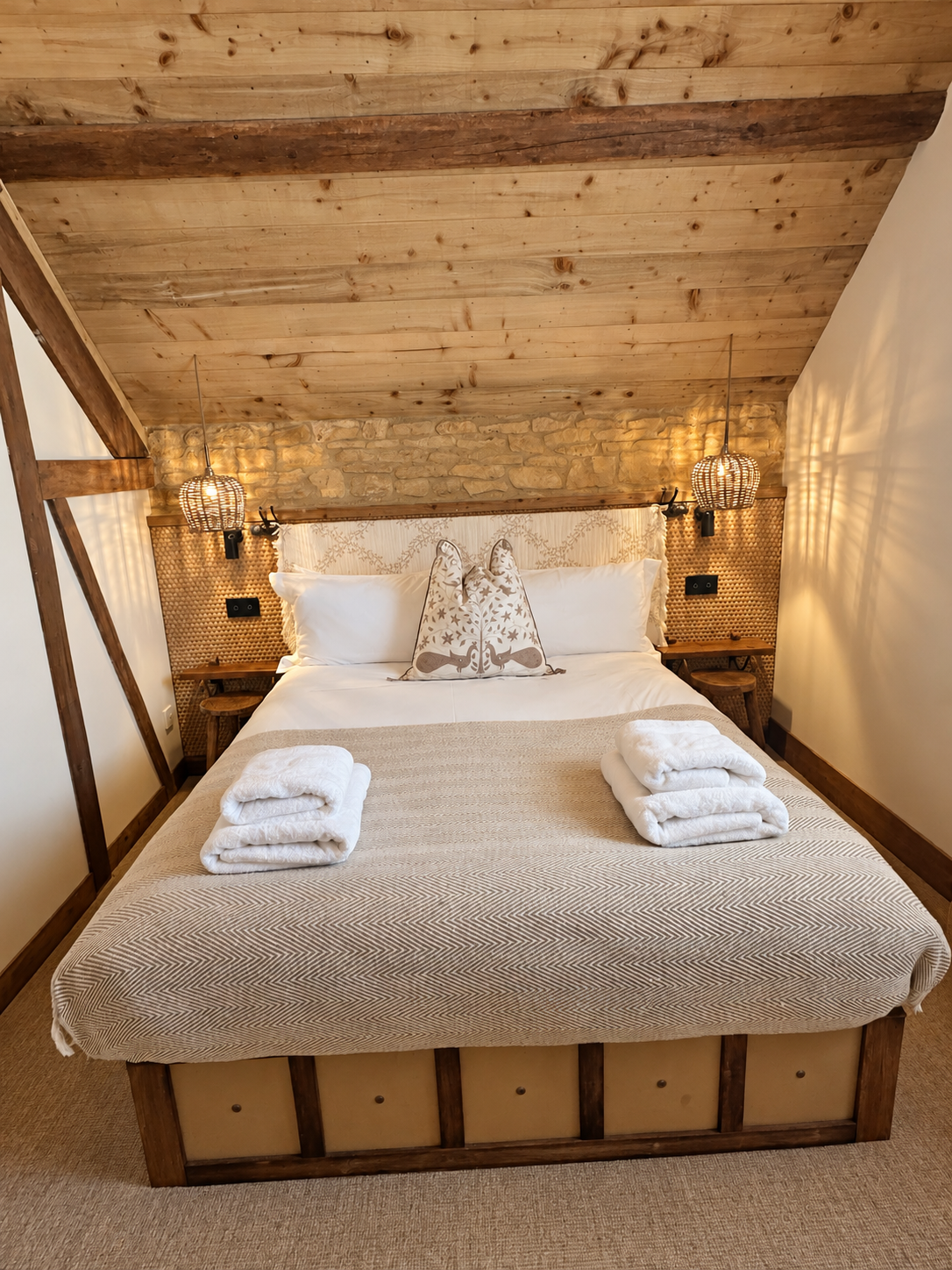  Rustic guest bedroom with a freshly made bed, folded white towels and a stone feature wall.