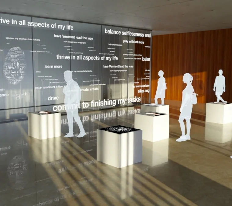 Modern gallery installation with white human silhouettes