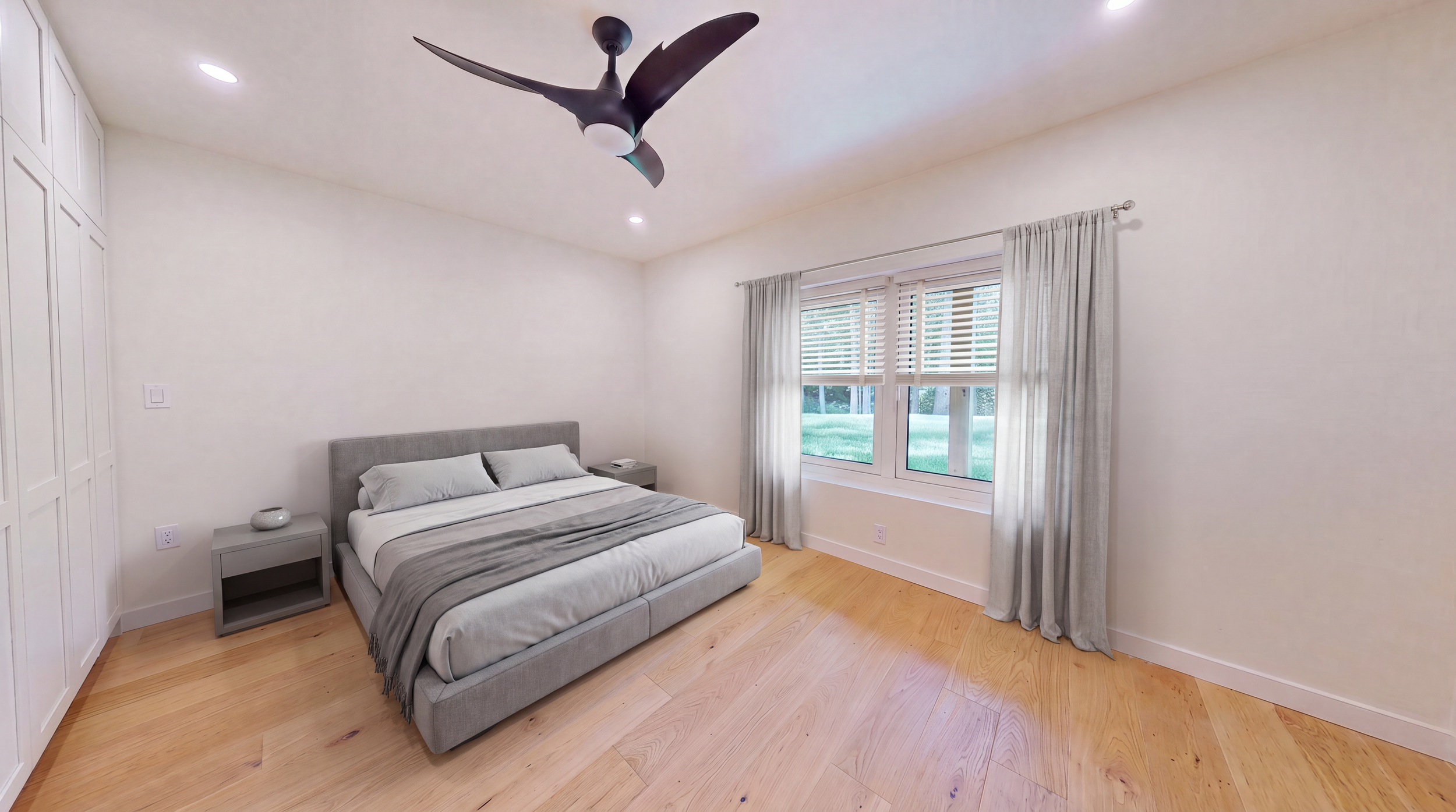 Modern minimalist bedroom with a gray upholstered bed, wood floors, ceiling fan, nightstands, and window with curtains and blinds