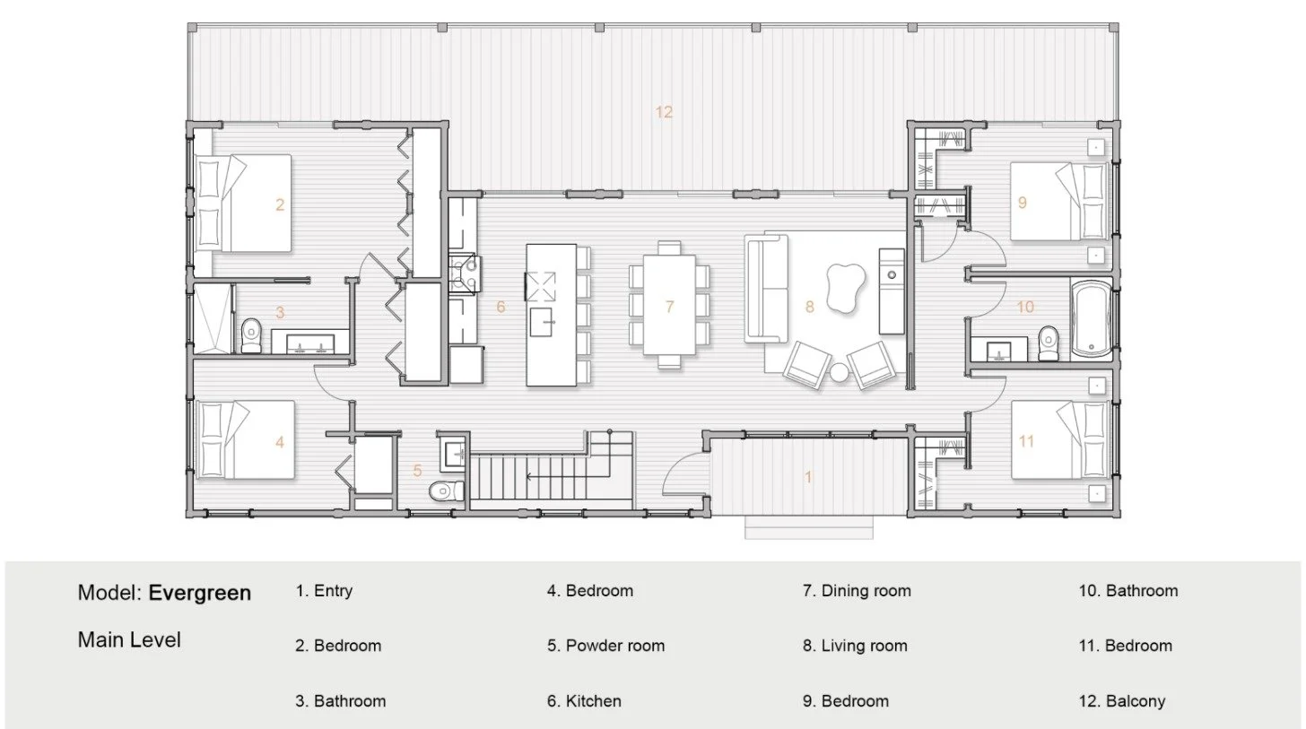 Evergreen model main-level floor plan showing four bedrooms, three bathrooms, kitchen, dining room, living room, entry, powder room, and balcony.