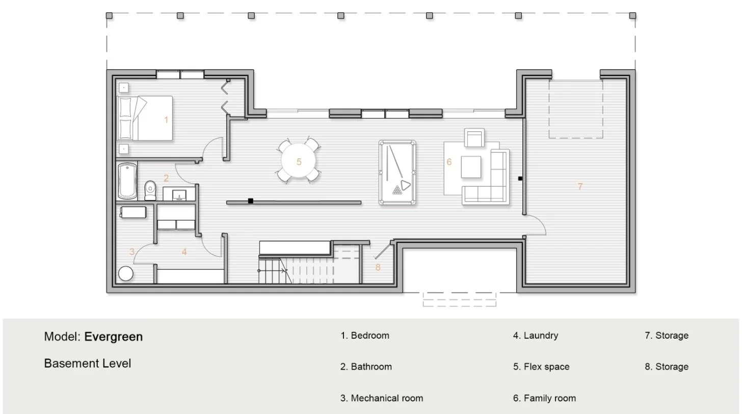 Evergreen model basement floor plan showing a bedroom, bathroom, mechanical room, laundry, flex space, family room, and storage areas.