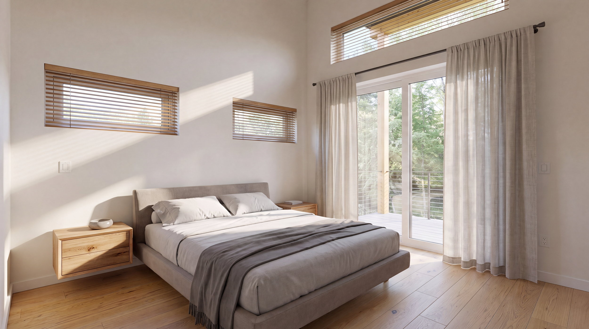 Bright modern bedroom with a gray upholstered bed, wooden nightstands, wood blinds, and glass doors opening to a balcony.