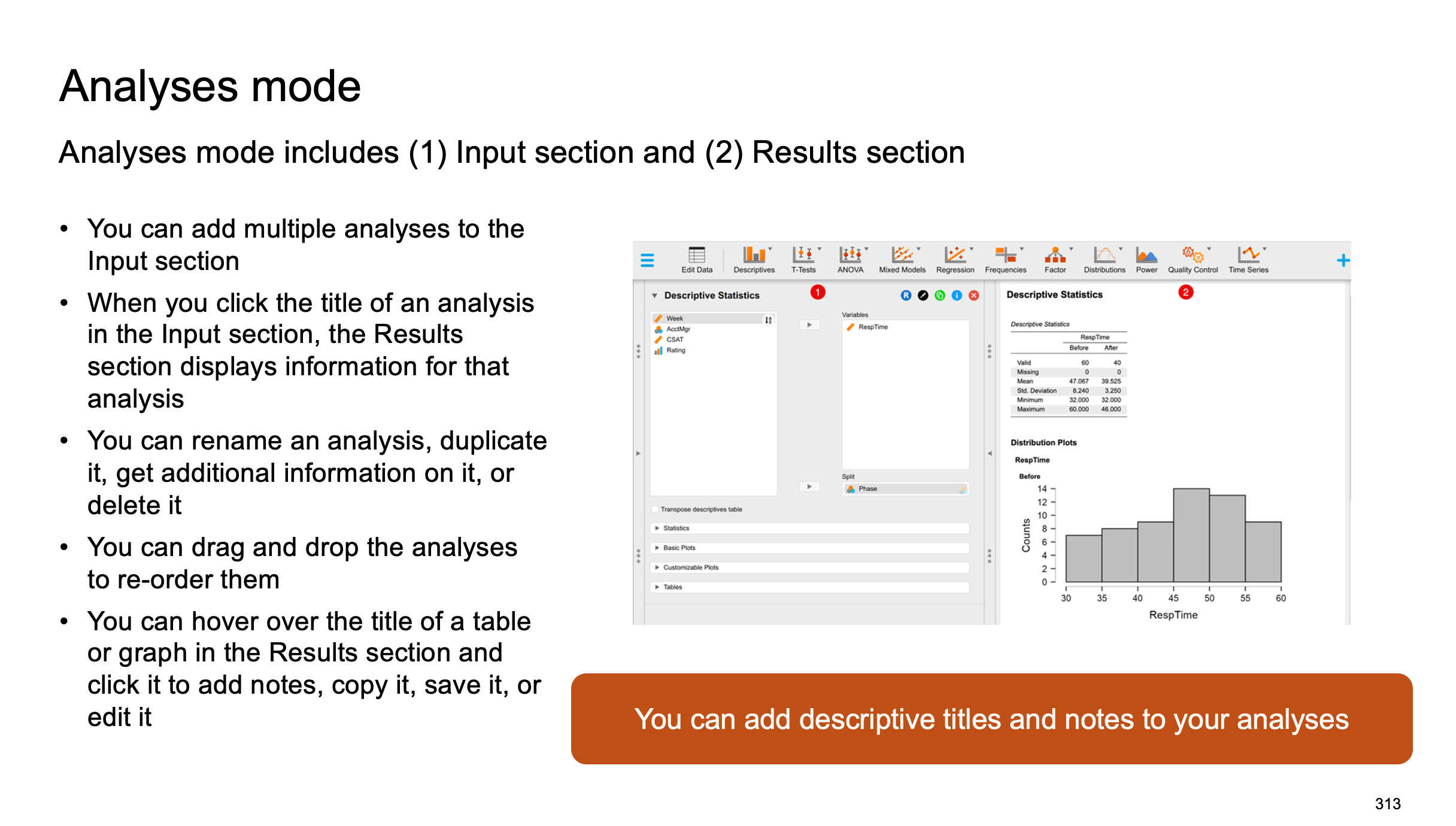 Training slide titled Analyses mode, showing the JASP input panel and a results panel with descriptive statistics and a histogram of response time.