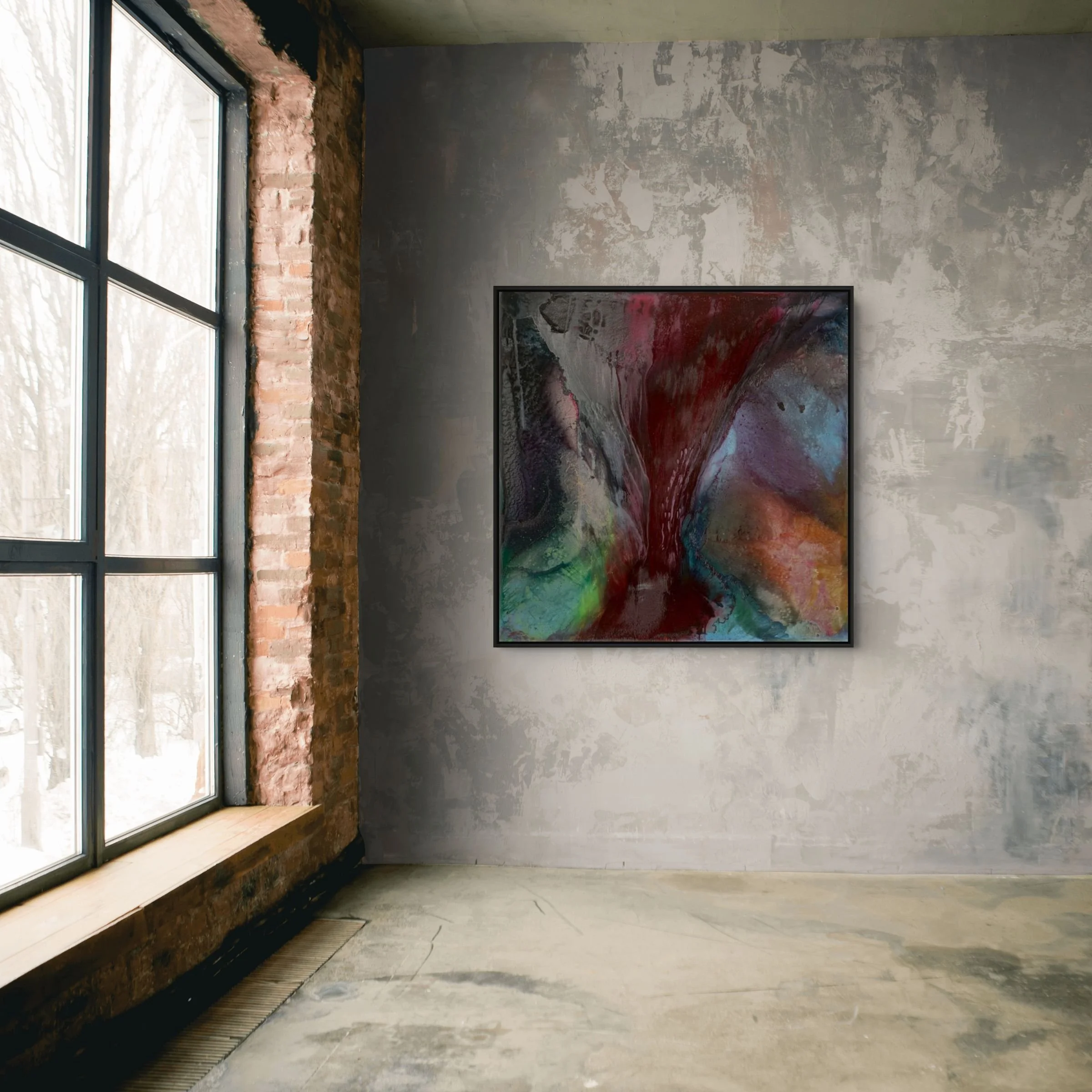 In situ architectural installation view of Burgundy by Danny Perkins, a 48x48 inch oil and metallic pigment work displayed in a loft-style gallery interior