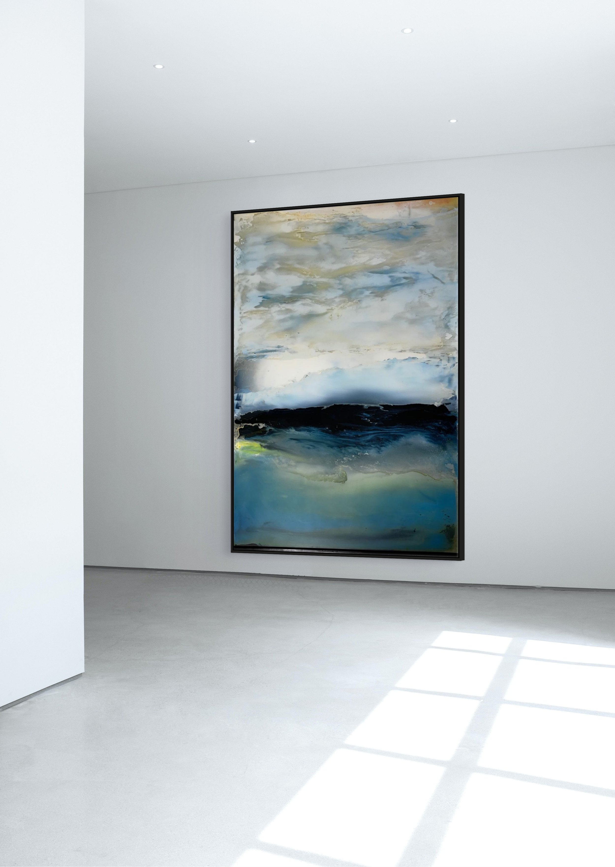 In situ installation view of Big Heavy by Danny Perkins, an 86x56 inch oil and resin panel painting featuring a prominent black impasto band dividing atmospheric blue fields in a modern gallery space