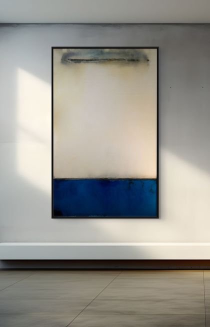 In situ installation view of No. 609 by Danny Perkins, a 46.5x73.5 inch oil on birch panel with resin featuring a rich cobalt blue base beneath a pale cream atmospheric field.