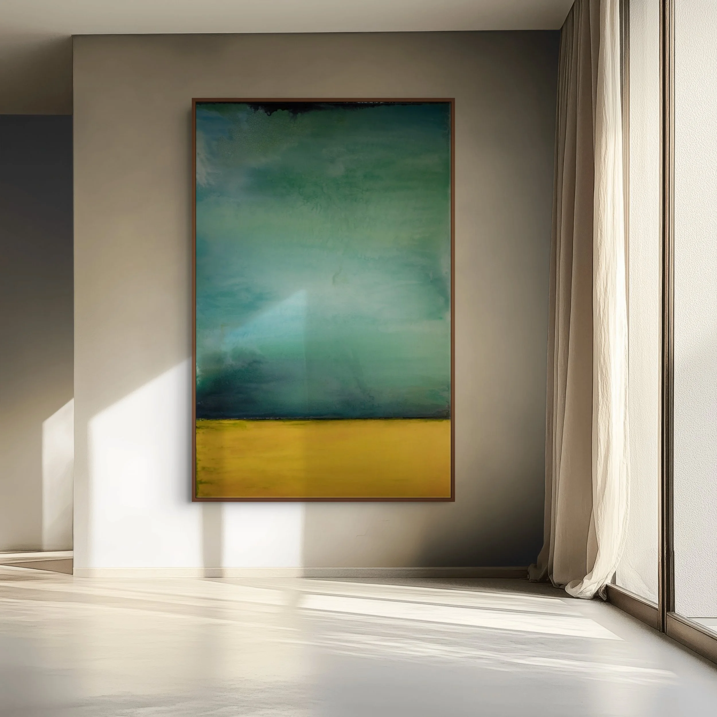 In situ installation view of No. 612 by Danny Perkins, a 71x46 inch oil on panel with resin featuring luminous emerald-green sky washes over a bright yellow base.