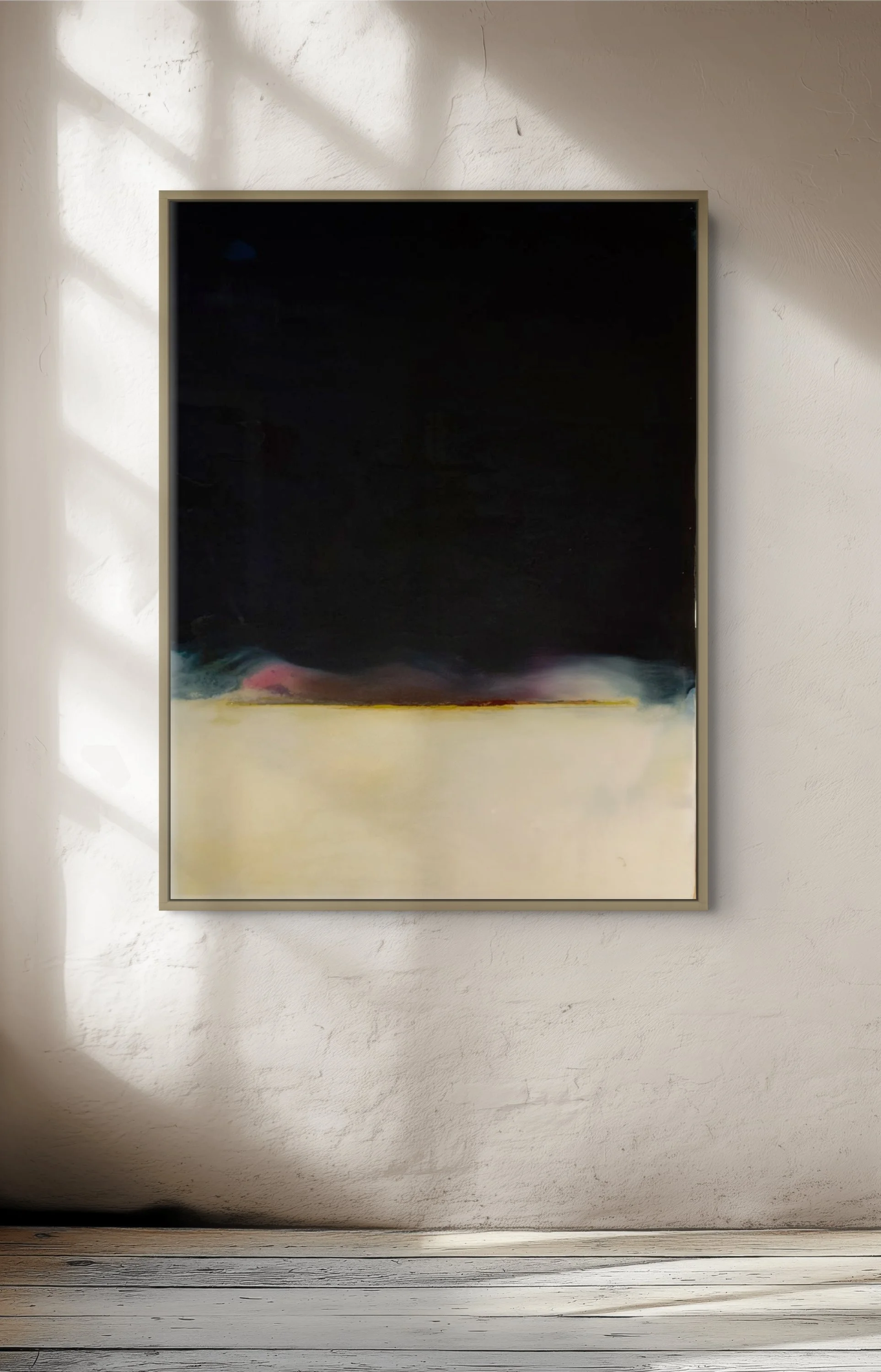 In situ view of No. 547 by Danny Perkins, a vertical oil and resin panel painting featuring a heavy black color field over a luminous horizon band and cream lower section.