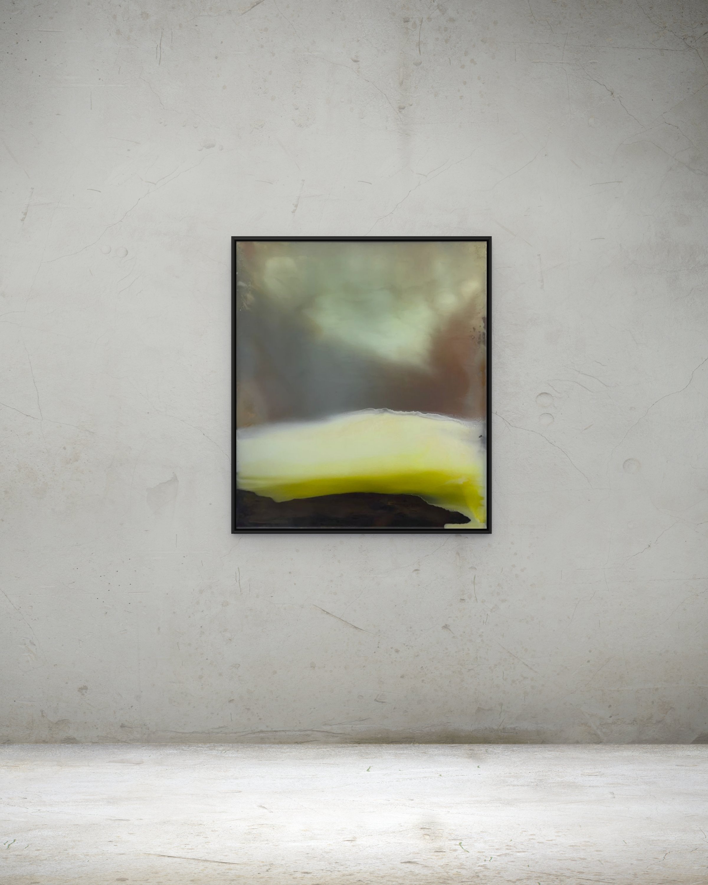 In situ installation view of No. 2855 by Danny Perkins, featuring a dark charcoal cloudscape above a vibrant lemon-yellow resin field on panel.