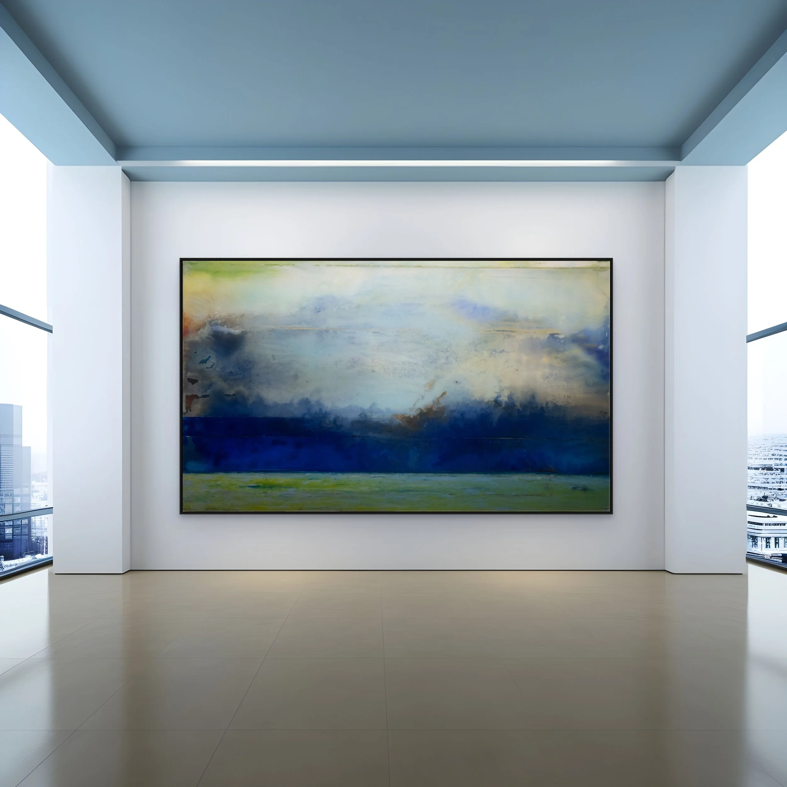 In situ view of No. 2374 by Danny Perkins, a monumental 73x43 inch oil on panel with resin featuring stormy blue color fields in a luxury architectural setting