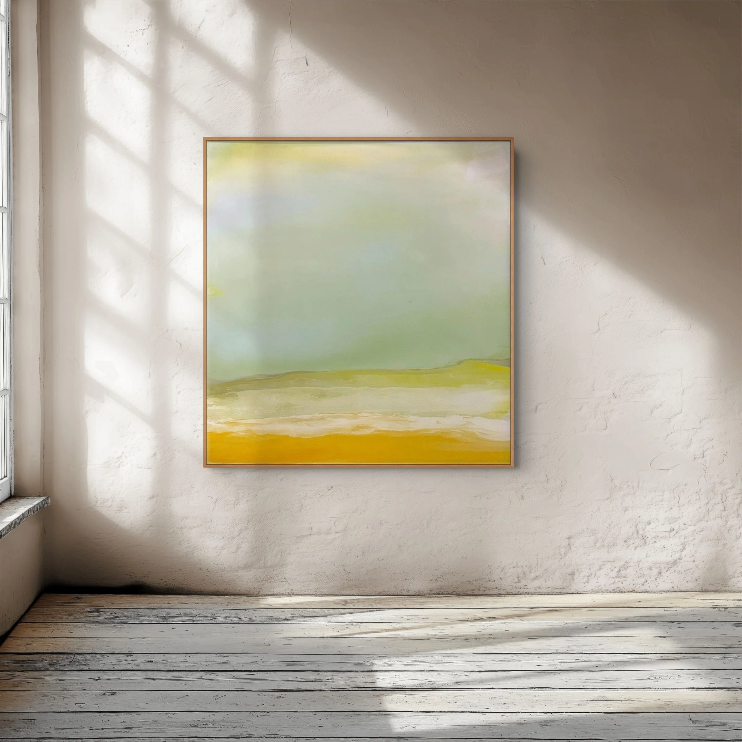 In situ view of No. 11 by Danny Perkins, a square oil and resin panel painting featuring soft sage green color fields above rich golden-yellow impasto bands