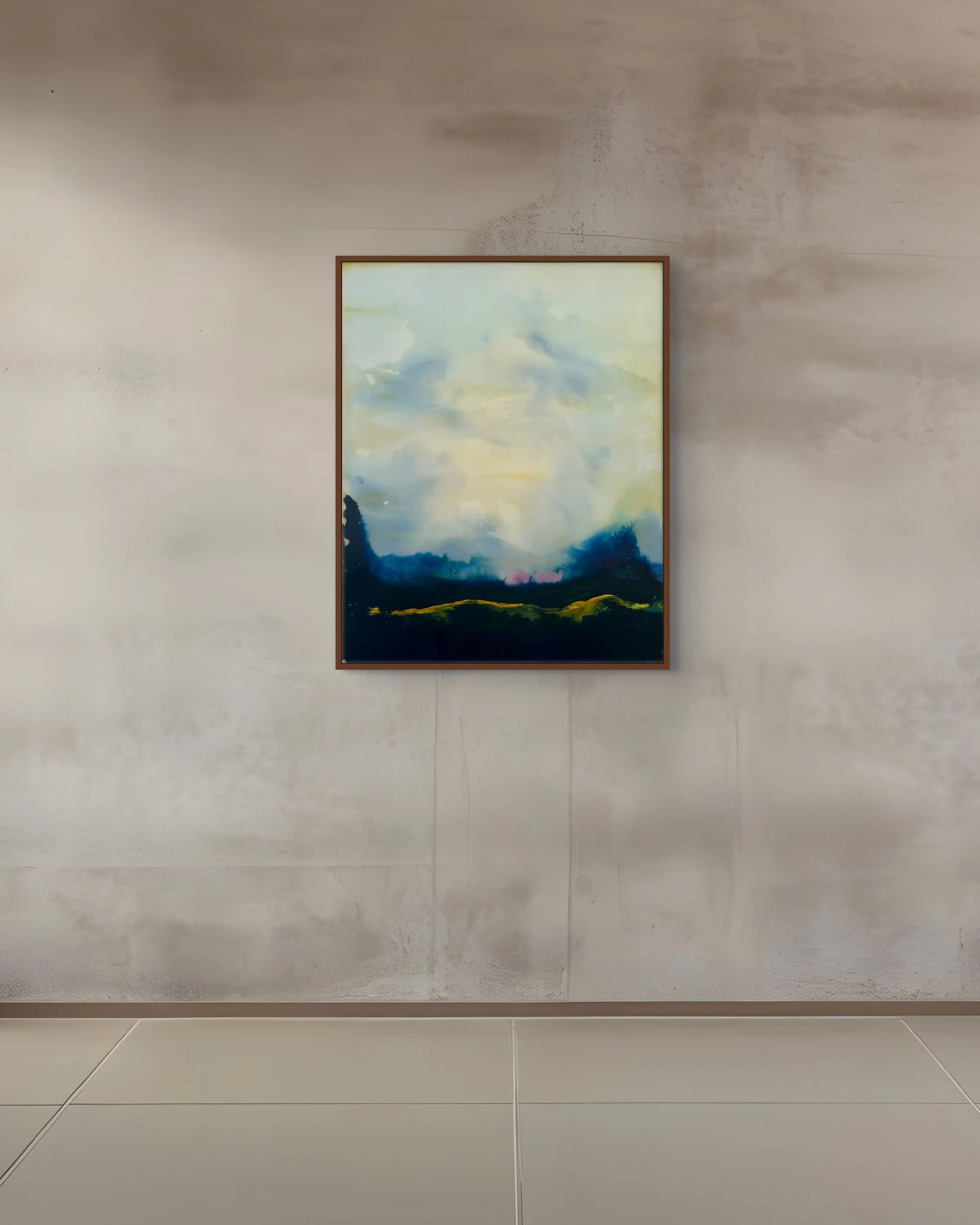 In situ view of an oil and resin panel painting by Danny Perkins, featuring atmospheric cloud tones and dark blue fields mounted on a textured plaster wall.