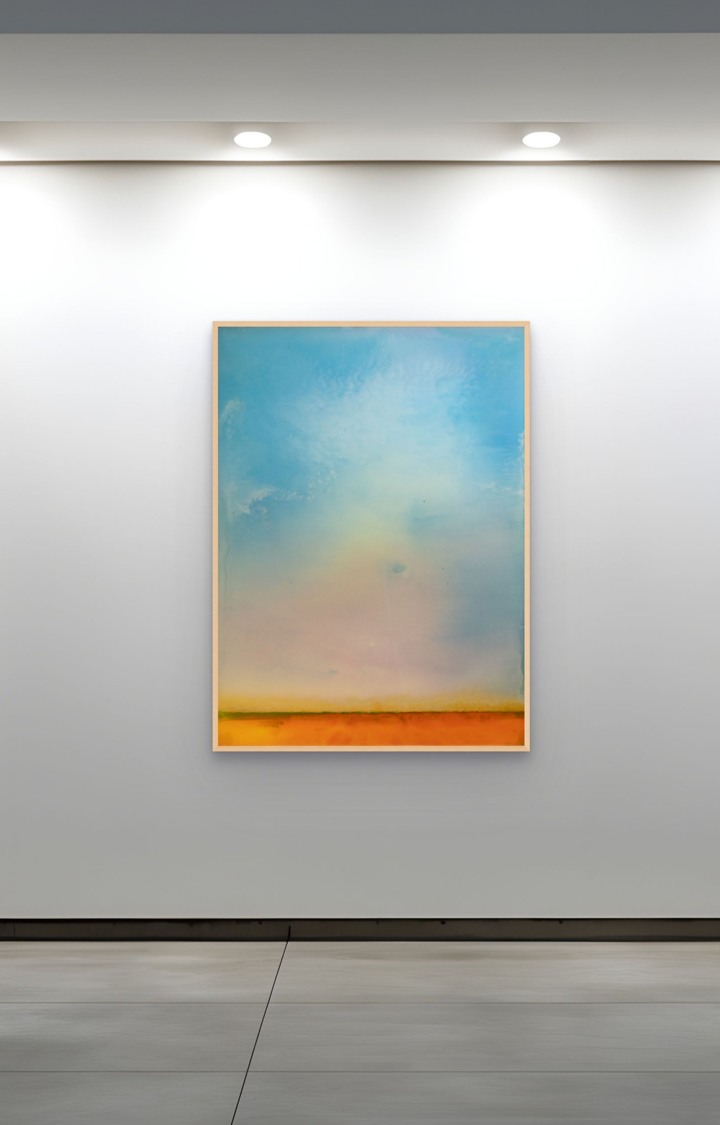 Installation view of a vertical abstract oil and resin painting by Danny Perkins, featuring an expansive sky-blue field over a vibrant orange horizon in a gallery setting.