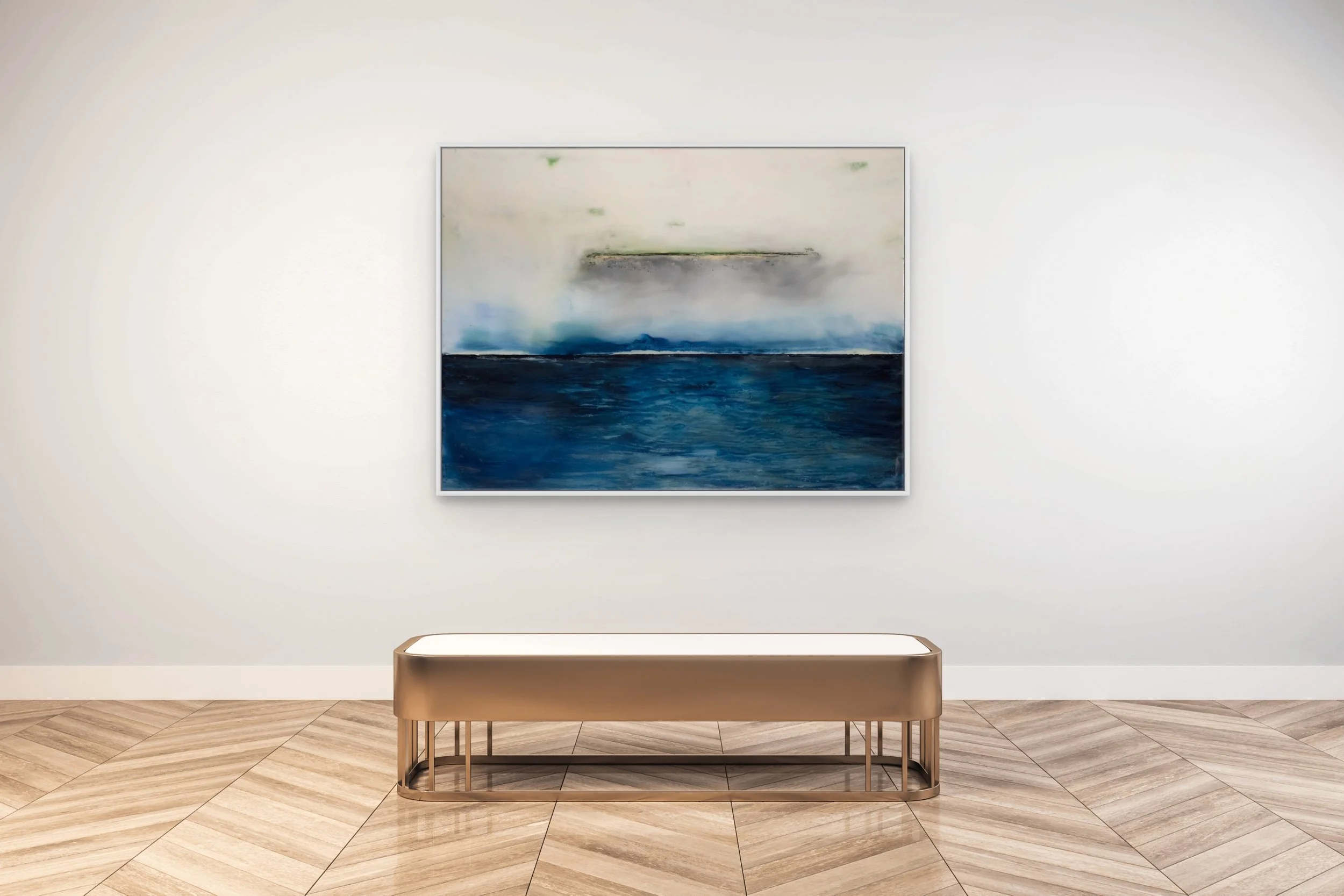 In situ installation view of No. 2390 by Danny Perkins, a 49x37 inch oil on panel with resin depicting a misty white sky over a deep navy blue lower section.
