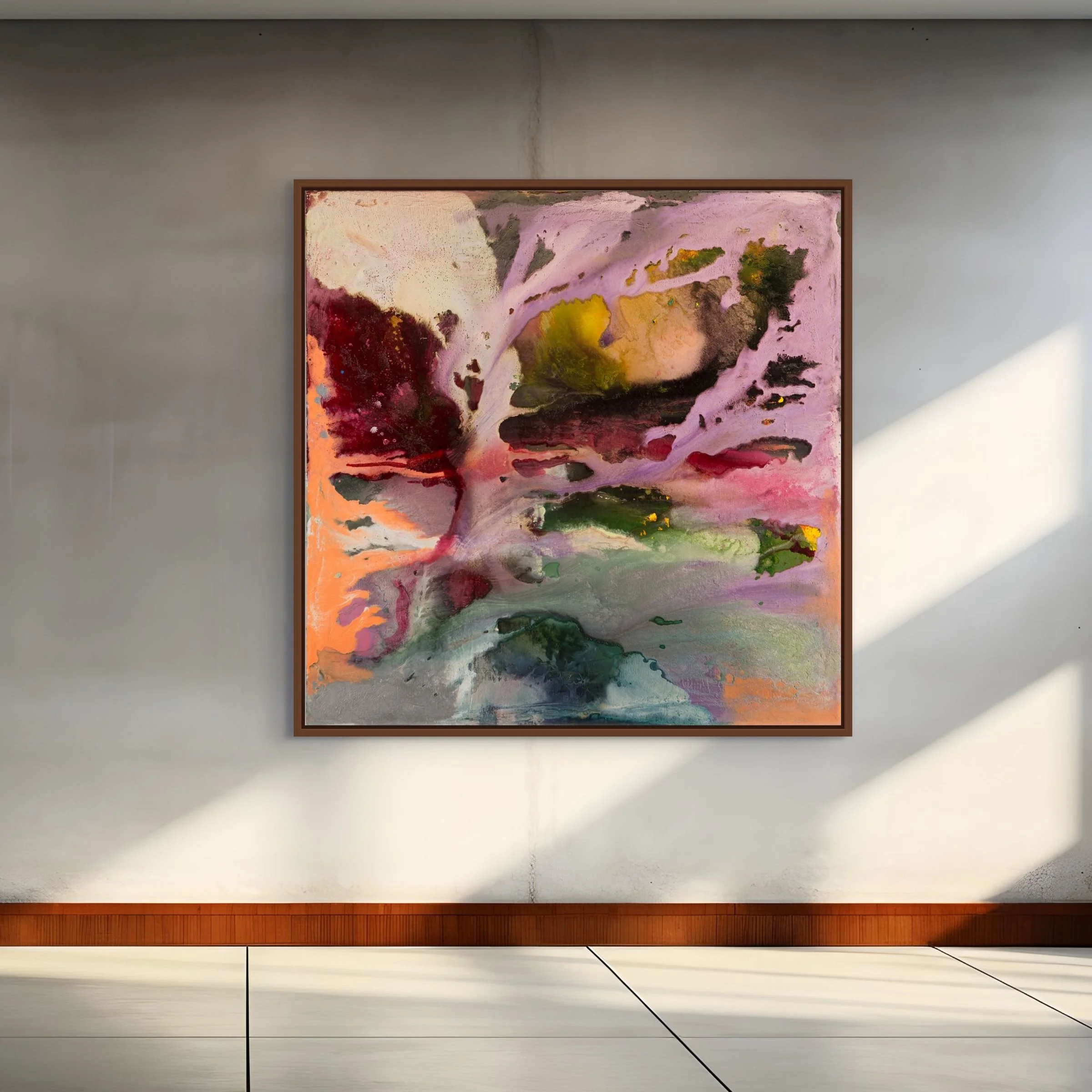 In situ view of Plasma by Danny Perkins, a 48x48 inch oil and metallic pigment work on panel installed in a modern, sunlit interior.