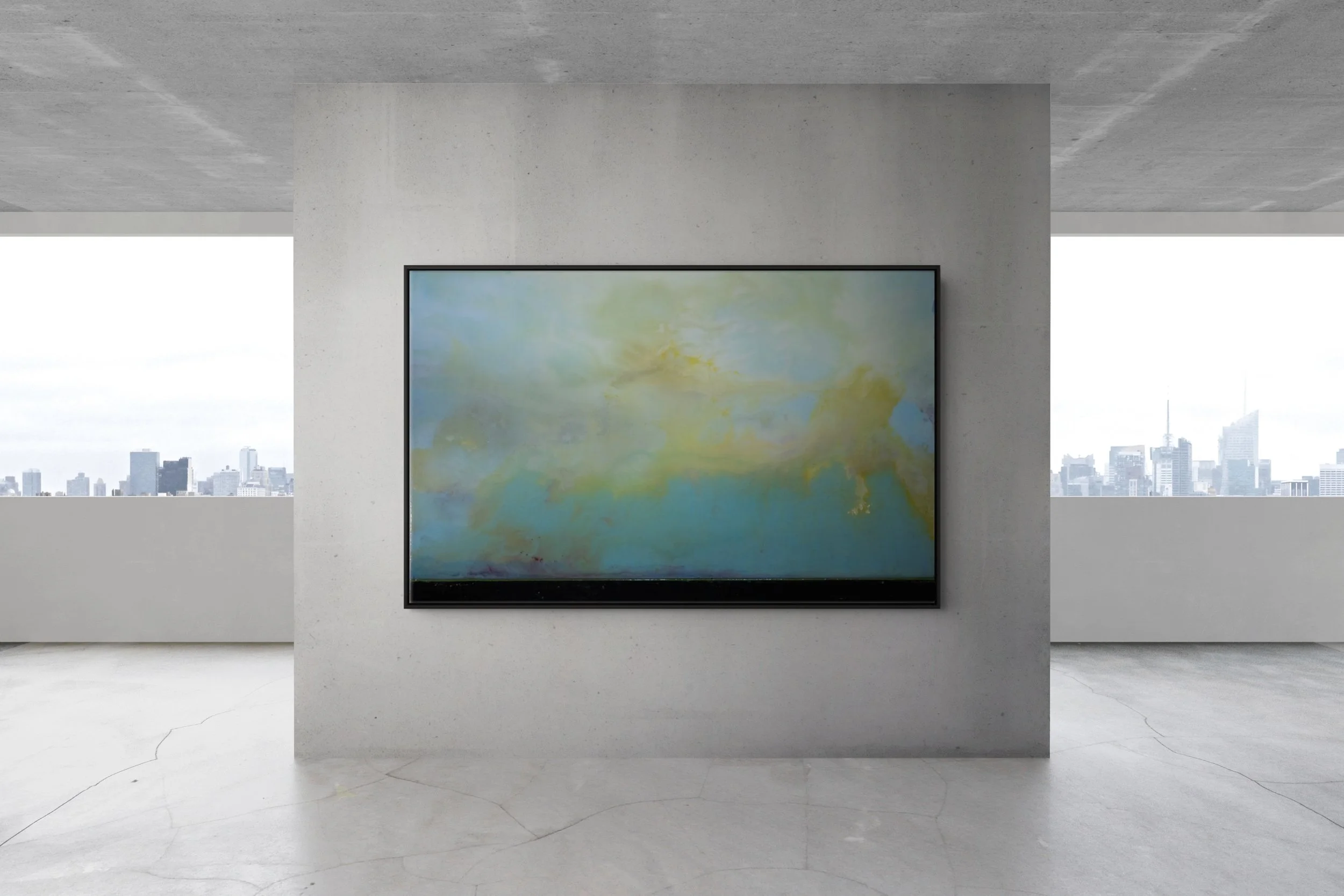 In situ architectural installation view of No. 2376 by Danny Perkins, a monumental 73x47 inch oil on birch panel with resin featuring luminous yellow clouds and turquoise fields.